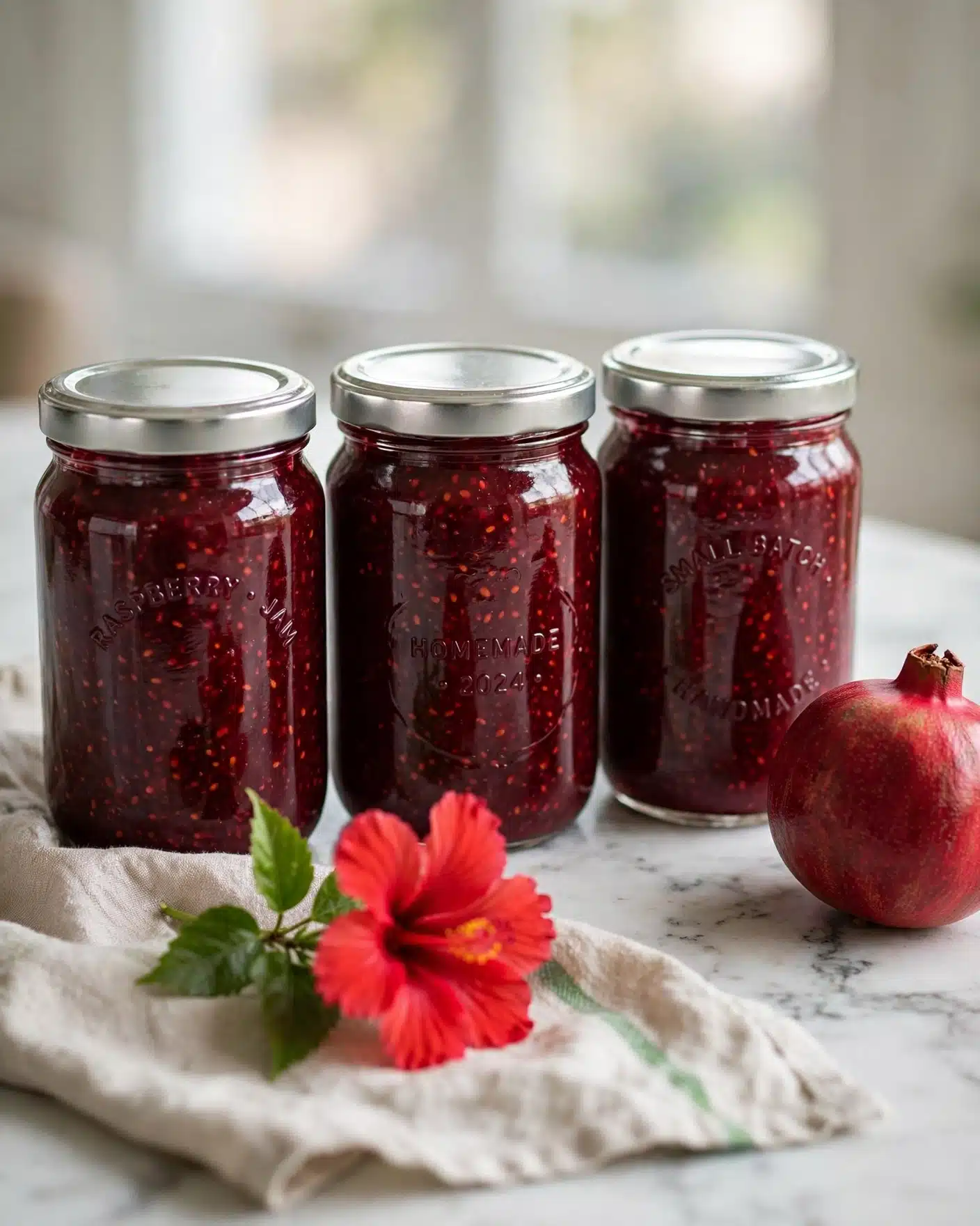 Homemade Pomegranate Jelly Recipe 5 Three glass jars filled with deep red, thick jam are arranged on a white marbled surface. The jars have shiny silver lids and embossed text on their sides. In front of the jars is a bright red flower with green leaves, lying on a light beige cloth with a thin green stripe. To the right of the flower and jars, there is a whole pomegranate with a rough, dark red skin. The background is softly lit, showing a window with blurred light coming through. photo taken with an iphone --ar 4:5 --v 7