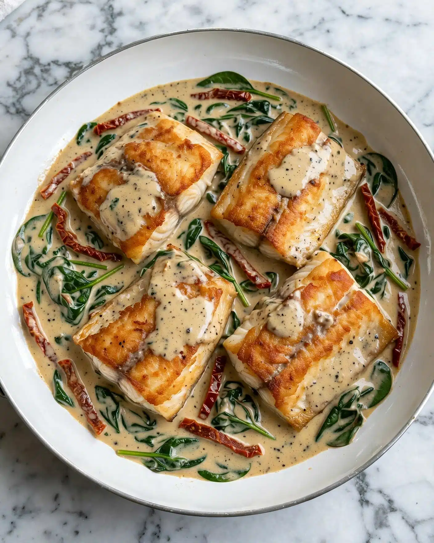 Insanely Good Creamy Tuscan Garlic Salmon Recipe 5 The dish shows four thick, golden-brown cooked fish pieces in a shiny white pan, all covered in a creamy light beige sauce. The sauce is rich and smooth, speckled with black pepper and containing fresh green spinach leaves along with thin strips of dark red sun-dried tomatoes. The fish fillets sit close to each other, partially submerged in the sauce, with the pan edges slightly visible. The background is a white marbled texture. photo taken with an iphone --ar 4:5 --v 7