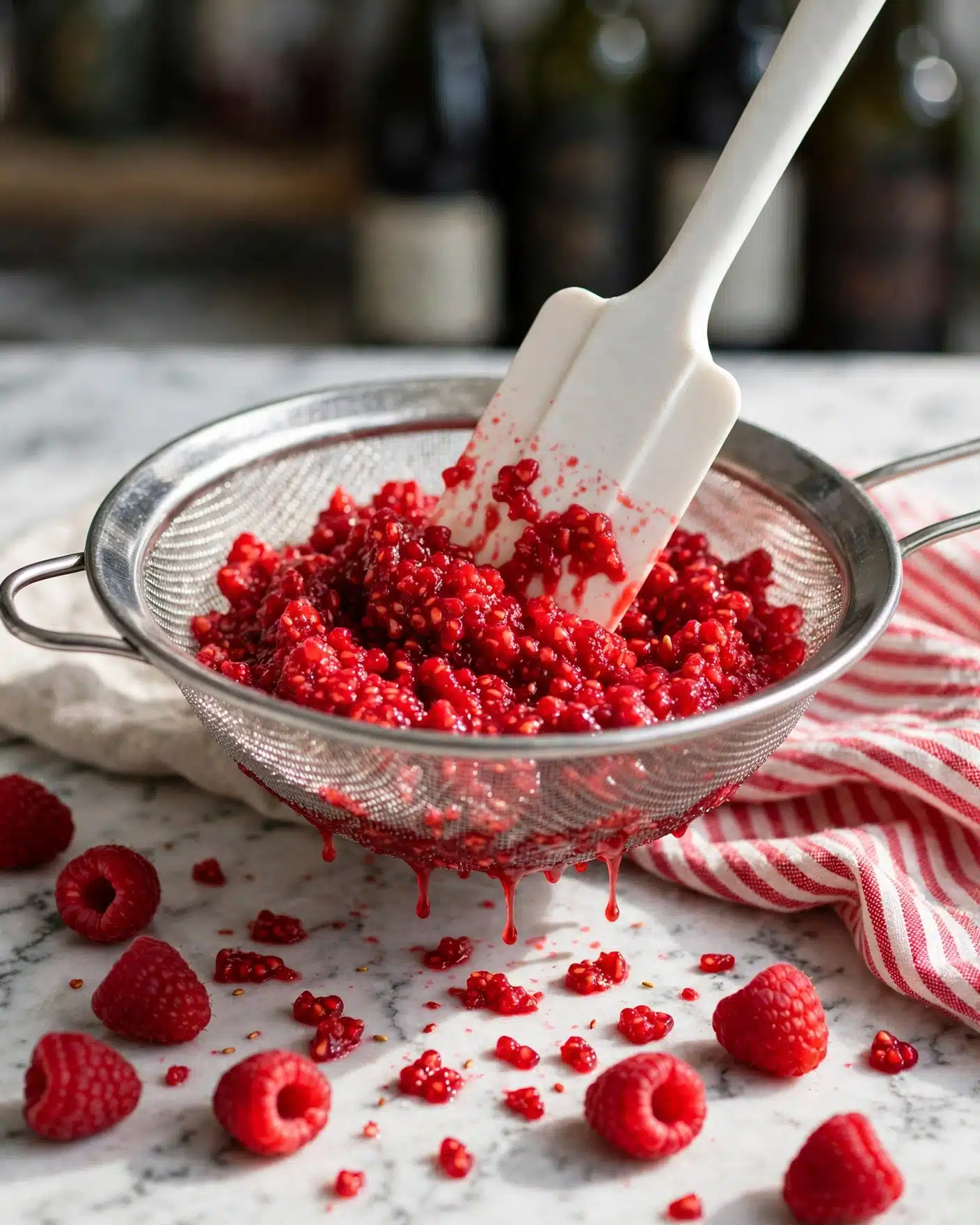 Homemade Pomegranate Jelly Recipe 4 The image shows bright red crushed raspberries being pushed through a silver mesh strainer by a white spatula, with the raspberry pulp gathered inside the strainer. The strainer is placed over a white marbled surface with a faint red and white striped cloth visible next to it. The texture of the raspberries looks grainy and juicy, creating a rich, vibrant contrast against the metal strainer and the white spatula. Photo taken with an iphone --ar 4:5 --v 7