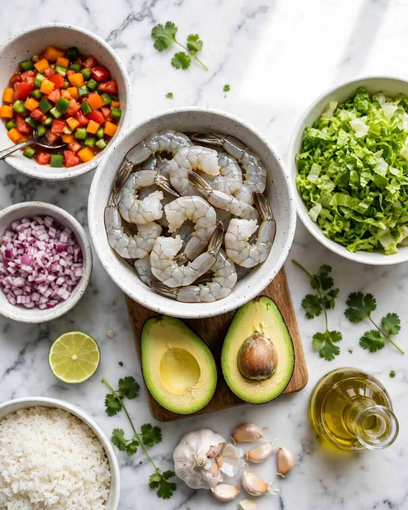 Quick & Easy Shrimp Rice Bowls with Mango Salsa Recipe 4 A white speckled bowl filled with raw white shrimp sits near the center of the image, surrounded by fresh ingredients on a white marbled surface. Below it, two halves of a ripe avocado sit on a wooden board, showing their green flesh and large brown seed. To the right, a white bowl holds chopped fresh green lettuce. To the left, a white speckled bowl contains a colorful salsa mix of orange, red, and green diced vegetables with a spoon inside. Below the salsa, a small white speckled bowl holds finely chopped red onions. Near the bottom left corner, a white bowl contains cooked white rice. Additional elements include a halved lime, a garlic bulb with cloves, a small glass container of oil, and fresh green cilantro scattered around. The scene feels fresh and vibrant, all arranged on a white marbled surface. photo taken with an iphone --ar 4:5 --v 7