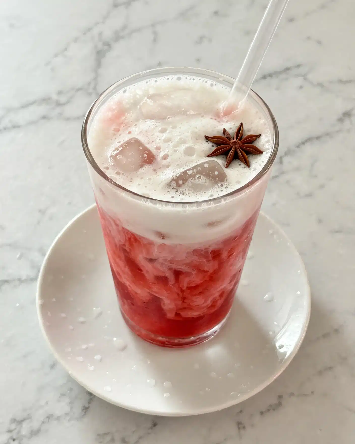 A glass filled with a layered drink shows about three main layers: the bottom layer is a bright red liquid with a cloudy, swirled texture; above it is a frothy white layer covering the surface; inside the glass are clear ice cubes that sit partly in the white foam and red liquid. A star-shaped brown spice floats on top near the edge. A clear straw is placed inside the glass. The glass is on a white plate, set on a white marbled surface. photo taken with an iphone --ar 4:5 --v 7