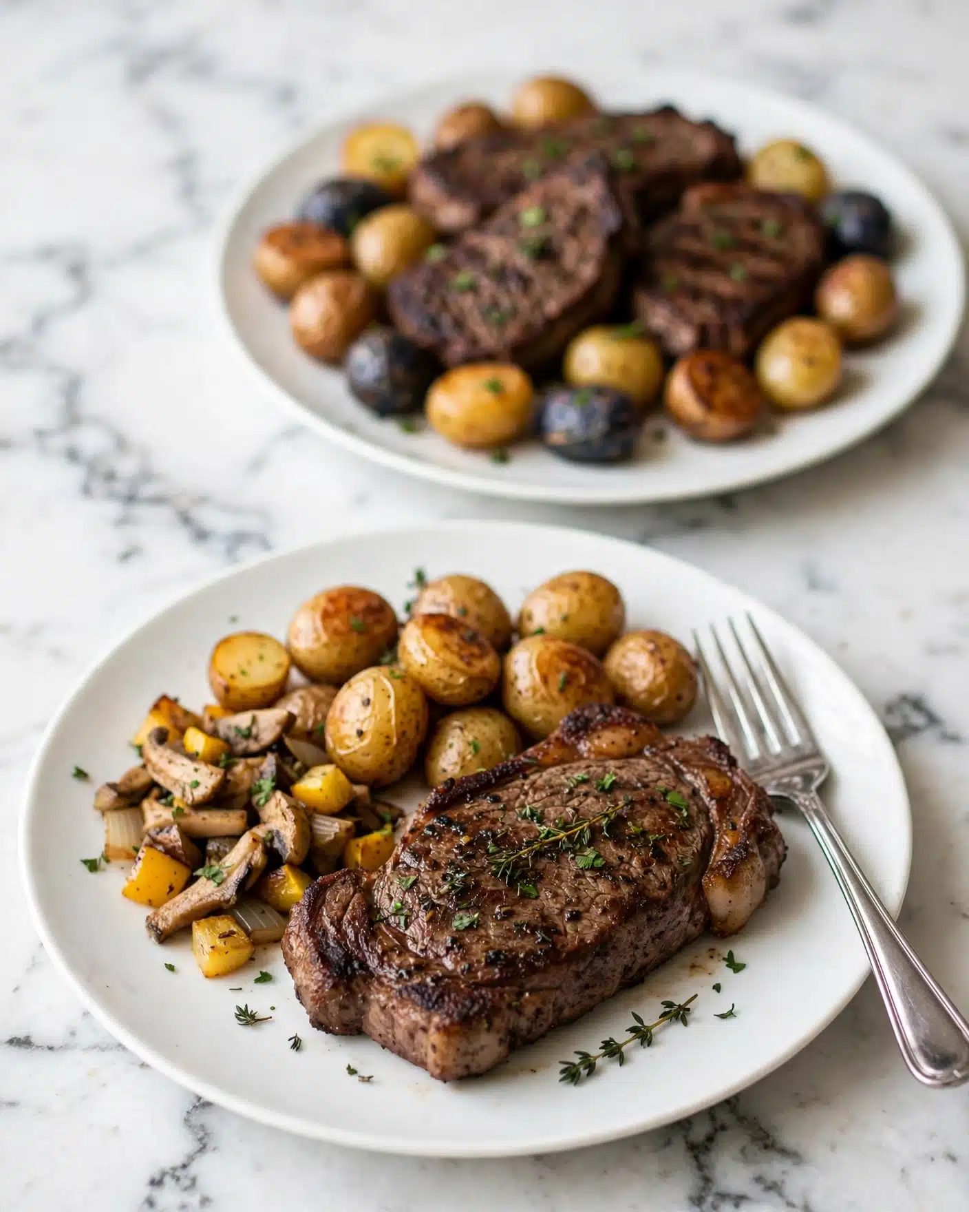The image shows two white plates on a white marbled surface, each with a dark brown, grilled meat steak as the main layer in the center. The front plate has a layer of small, golden brown roasted potatoes with some light brown and yellow pieces of cooked vegetables to the left of the steak. Both the steak and potatoes have small green herb pieces sprinkled on top. A silver fork rests on the right edge of the front plate. The background plate is more blurred but contains similar elements: multiple dark brown steaks and a mix of small potatoes in golden, light brown, and dark purple tones arranged around the meat. The whole scene is softly lit, showing textures and colors clearly. Photo taken with an iphone --ar 4:5 --v 7