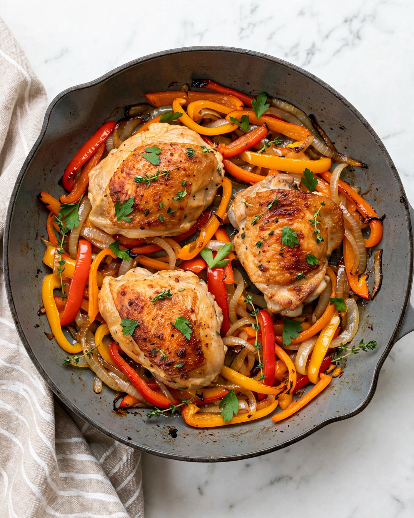 Chicken with Peppers and Onions in Taco Seasoning Recipe 5 The image shows a gray frying pan filled with three pieces of well-cooked chicken, each with a browned and slightly crispy outer layer. Surrounding the chicken are sliced orange, yellow, and red bell peppers along with translucent cooked onion strips, all softened and mixed evenly. The chicken and vegetables are sprinkled with small green herb leaves for garnish. The pan sits on a white marbled surface with a light-colored striped cloth partly visible on the left side. photo taken with an iphone --ar 4:5 --v 7