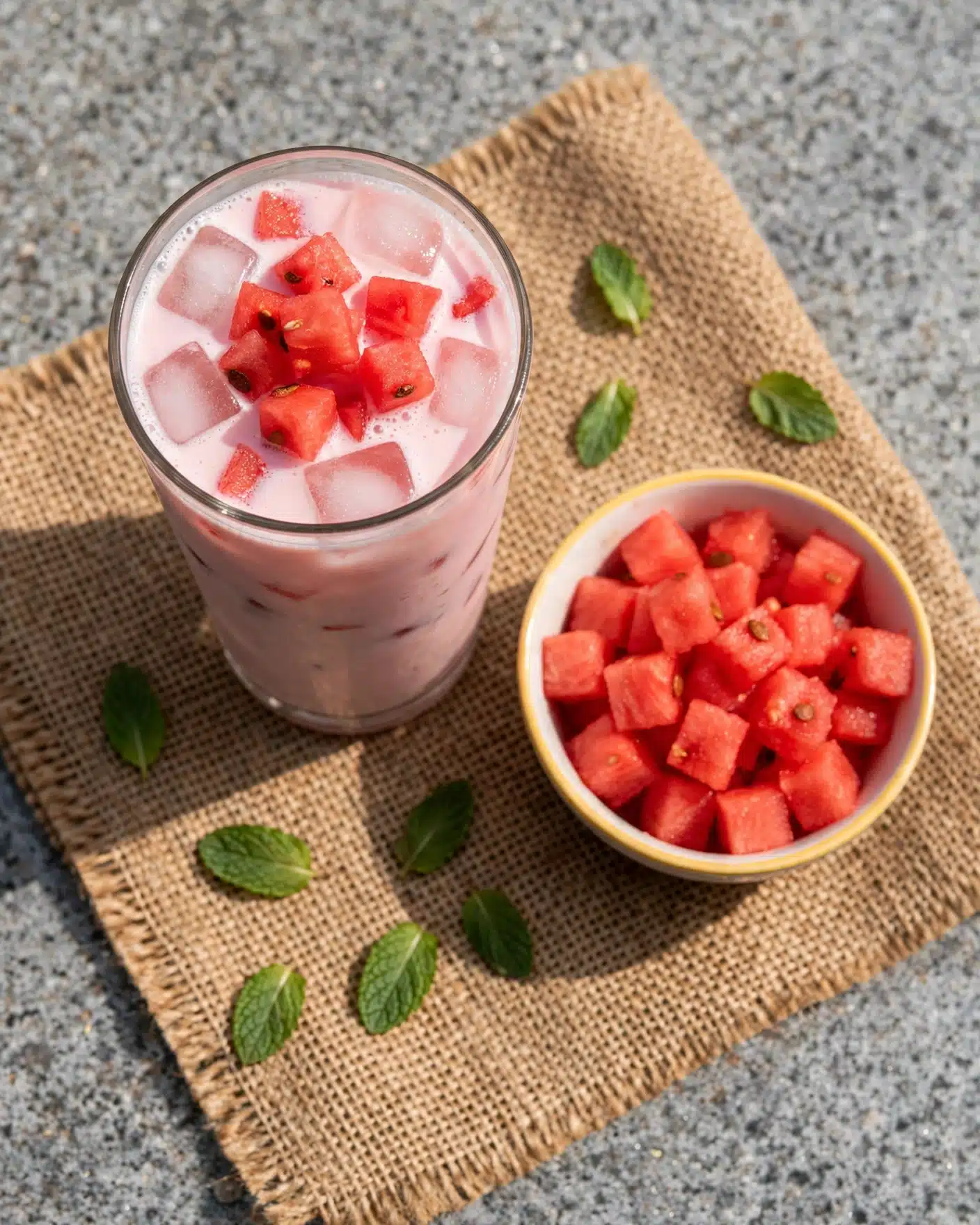 Mohabbat Ka Sharbat | Watermelon Rose Drink Recipe 5 A tall glass filled with a pink drink layered with white ice cubes and small red watermelon cubes on top. The drink appears creamy with a smooth texture. Next to the glass, there is a small white bowl with a yellow rim filled with more red watermelon cubes. Both the glass and bowl rest on a piece of brown burlap cloth, placed on a grey stone surface. A few green mint leaves are scattered beside the glass. photo taken with an iphone --ar 4:5 --v 7