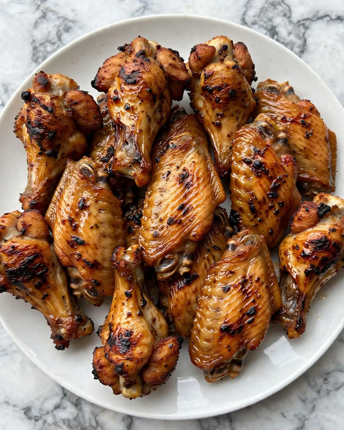 Peruvian Lime & Spice Roasted Chicken Wings with Aji Verde Recipe 5 A large white plate holds many pieces of cooked chicken wings, arranged close together. Each wing is golden brown with some darker grill marks and crispy roasted edges. The wings have a slightly shiny look from the coating or seasoning, showing textures of charred and juicy skin. The background is a white marbled surface. photo taken with an iphone --ar 4:5 --v 7