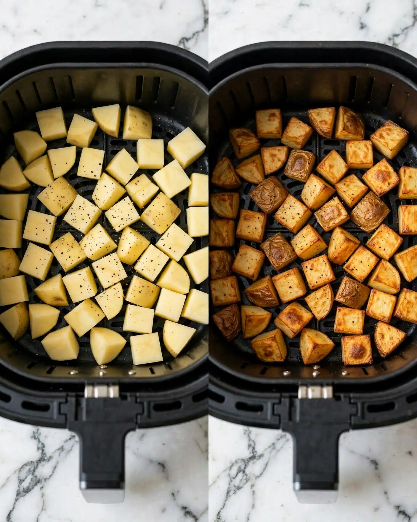 BBQ Chicken and Potato Skillet Recipe 4 A side-by-side view of an air fryer basket filled with cubed potatoes. On the left side, the raw potatoes are pale yellow, cut into small, uneven cubes, and lightly sprinkled with black pepper, resting against the black textured surface of the air fryer basket. On the right side, the same basket shows the cooked potatoes, now golden-brown and crispy, with varied shades of brown and a slightly rough texture from roasting, filling the basket evenly. The images are taken from above on a white marbled surface. Photo taken with an iphone --ar 4:5 --v 7