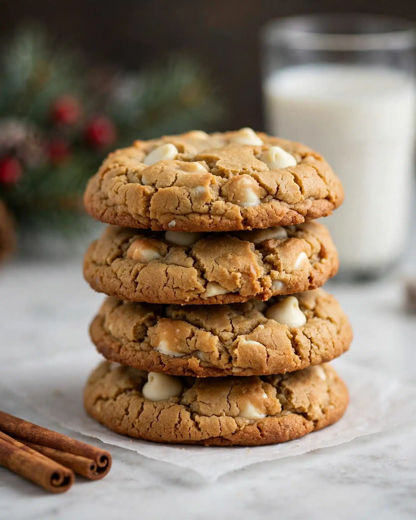 A stack of four thick cookies is shown, each cookie golden brown with a slightly cracked texture and embedded with many white chocolate chips that add creamy white spots across the surface. The cookies are placed one on top of the other on white parchment paper, creating a neat tower. To the side at the bottom left, two cinnamon sticks lie on the white marbled surface. In the blurred background, a tall clear glass of milk is visible along with some green pine needles and red berries, adding a festive touch. Photo taken with an iphone --ar 4:5 --v 7