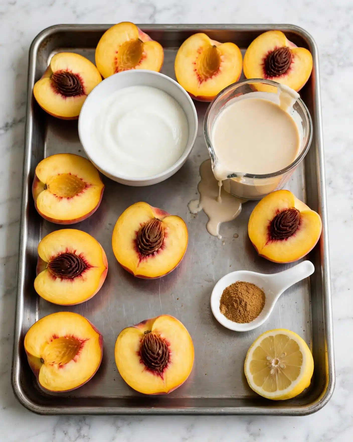 A metal baking tray holds eight halved yellow peaches arranged around the edges with the dark brown pits visible in each center, one lemon half placed near the bottom right corner showing its pale yellow flesh and seeds, a white ceramic bowl with smooth white yogurt placed near the tray’s top center, a clear glass measuring cup filled with a creamy beige liquid positioned at the top right corner spilling slightly over the edge, and a small white ceramic spoon-shaped dish with finely ground brown spice inside placed near the bottom right. The tray sits on a white marbled surface. photo taken with an iphone --ar 4:5 --v 7