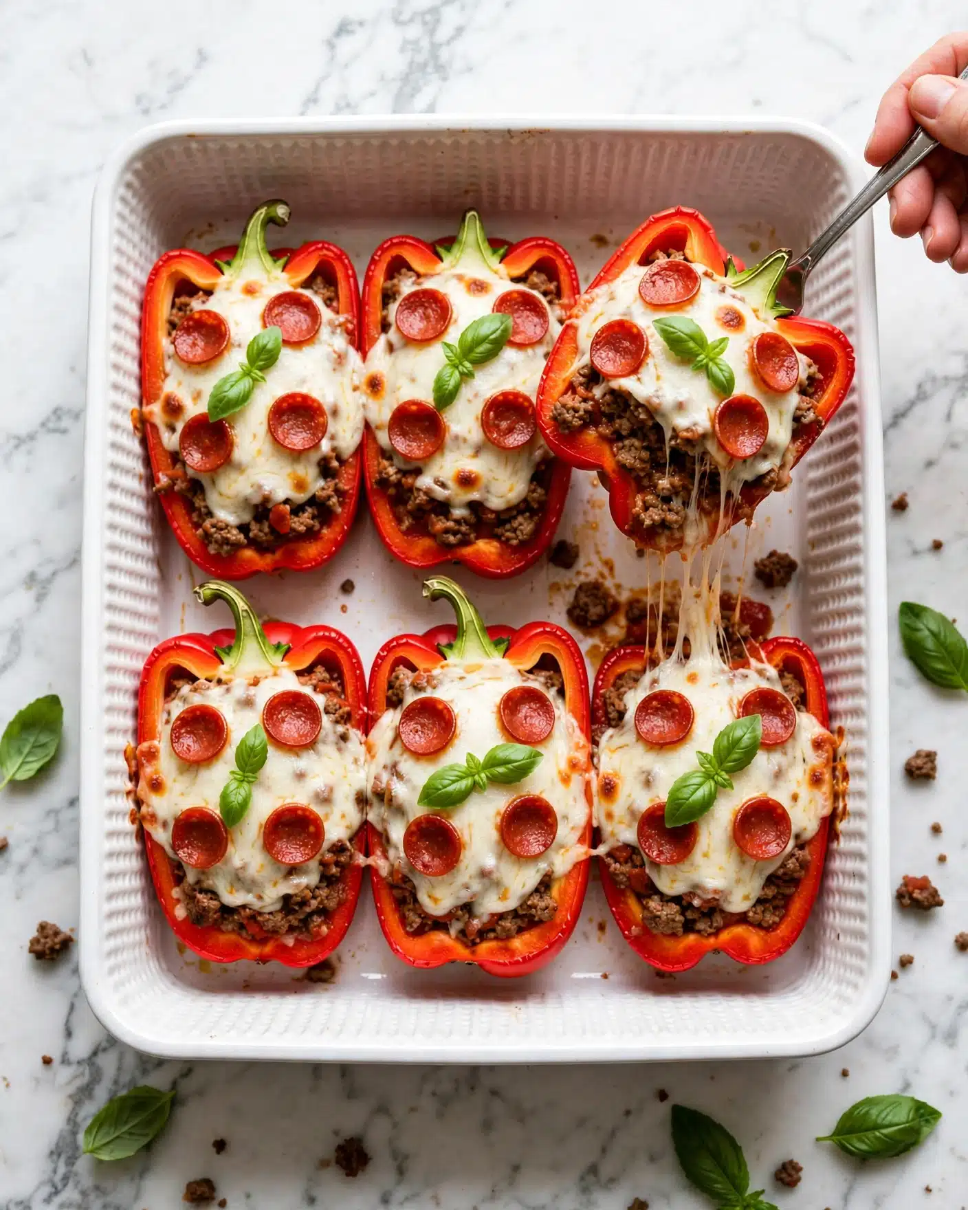 Low Carb Pizza Stuffed Peppers Recipe 5 The dish shows six red bell peppers sliced in half and placed in a white baking dish with a textured pattern on the side. Each pepper half is stuffed with three visible layers: a base filling of brown meat and sauce at the bottom, a thick layer of melted white cheese covering the filling, and small round red pepperoni slices spread evenly on top of the cheese. Bright green basil leaves are scattered on top of each pepper. A woman's hand holding a fork is lifting one stuffed pepper half, showing the meat filling clearly. The background surface is white marble. Photo taken with an iphone --ar 4:5 --v 7