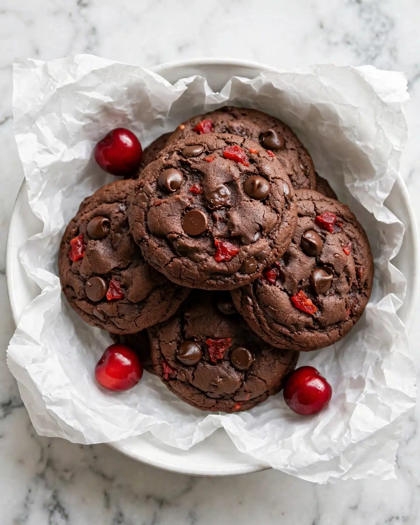 A white bowl lined with crumpled white parchment paper holds several thick, chocolate cookies stacked closely together. Each cookie is dark brown with a slightly cracked, soft texture and is studded with semi-melted dark chocolate chips alongside bright red cherry pieces scattered across the surface. Three whole shiny red cherries lie loosely on the parchment paper around the cookies. The whole setup rests on a white marbled surface. photo taken with an iphone --ar 4:5 --v 7