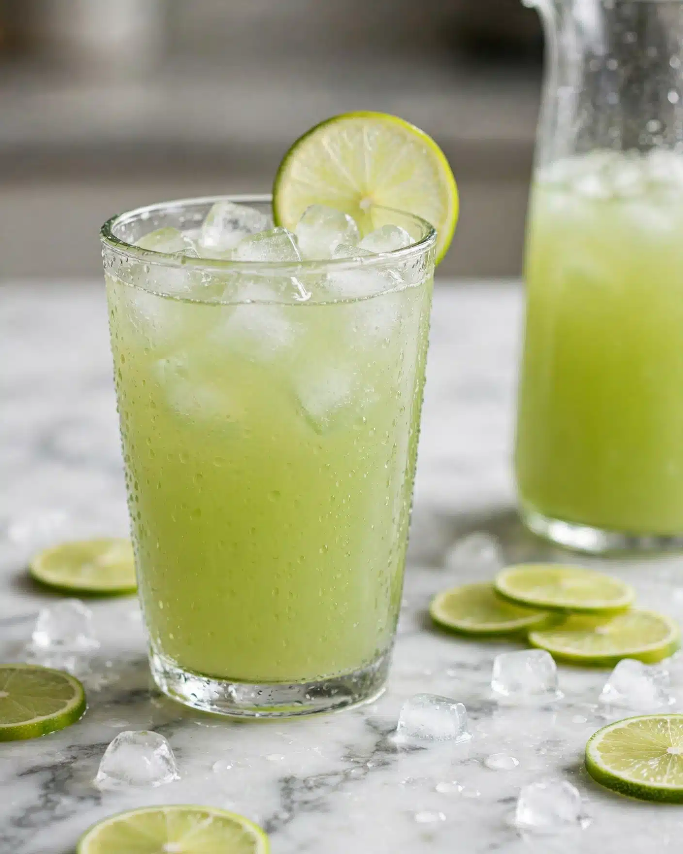 A clear glass filled with light green juice and ice cubes sits on a white marbled surface. The top layer shows small, transparent ice cubes, giving a cool texture. The light green liquid fills most of the glass, with visible condensation on the outside. A thin round slice of lime with a bright green edge is placed on the glass rim behind the ice. Around the glass, a few lime slices and ice cubes rest scattered on the white marbled surface. In the background to the right, partially visible is a taller container with the same light green liquid. Photo taken with an iphone --ar 4:5 --v 7