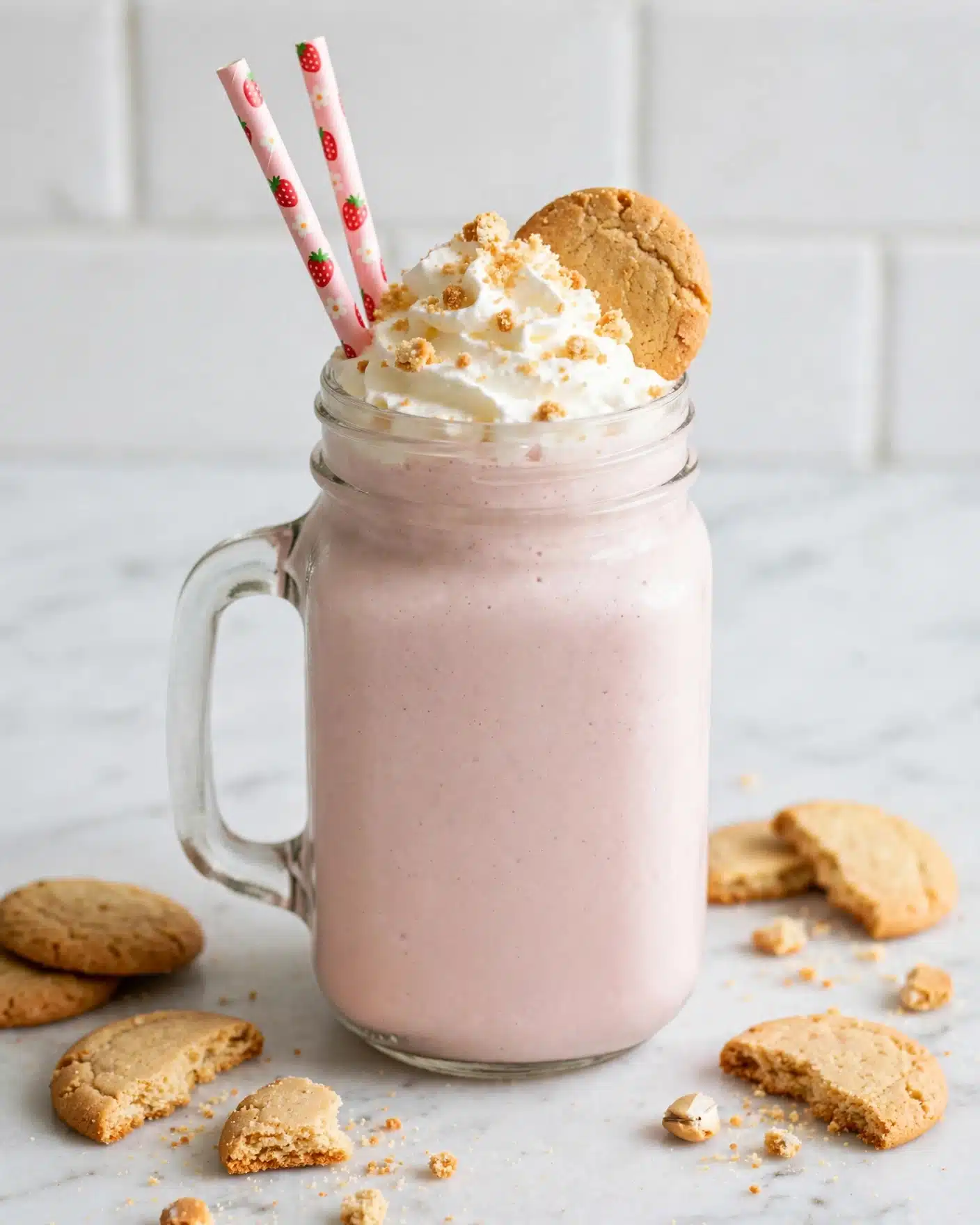 Vegan Strawberry Cheesecake Smoothie Recipe 5 A tall clear glass jar mug filled with a light pink creamy milkshake that has a soft, smooth texture. On top, there is a thick layer of white whipped cream with small cookie crumbs sprinkled over it. A whole round light brown cookie is gently placed on the whipped cream layer. Two light pink straws with small red strawberry and white flower patterns stand upright inside the milkshake, next to the cookie. The jar is set on a white marbled surface with some whole and broken light brown cookies scattered around it. The background features white tiled walls with grout lines. photo taken with an iphone --ar 4:5 --v 7
