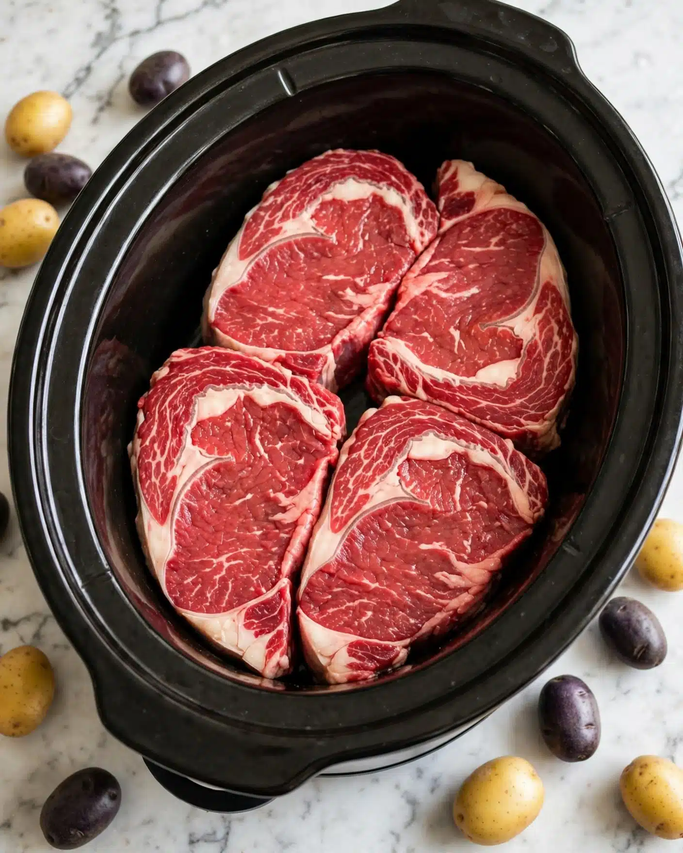 Inside a black slow cooker, there are four raw red steaks placed together, each showing slight white fat veins running through the muscle. The steaks fill the cooker but do not overlap, showing a fresh, smooth texture. Around the cooker, there is a glimpse of small yellow and dark purple potatoes on a white marbled surface. The photo was taken with an iphone --ar 4:5 --v 7