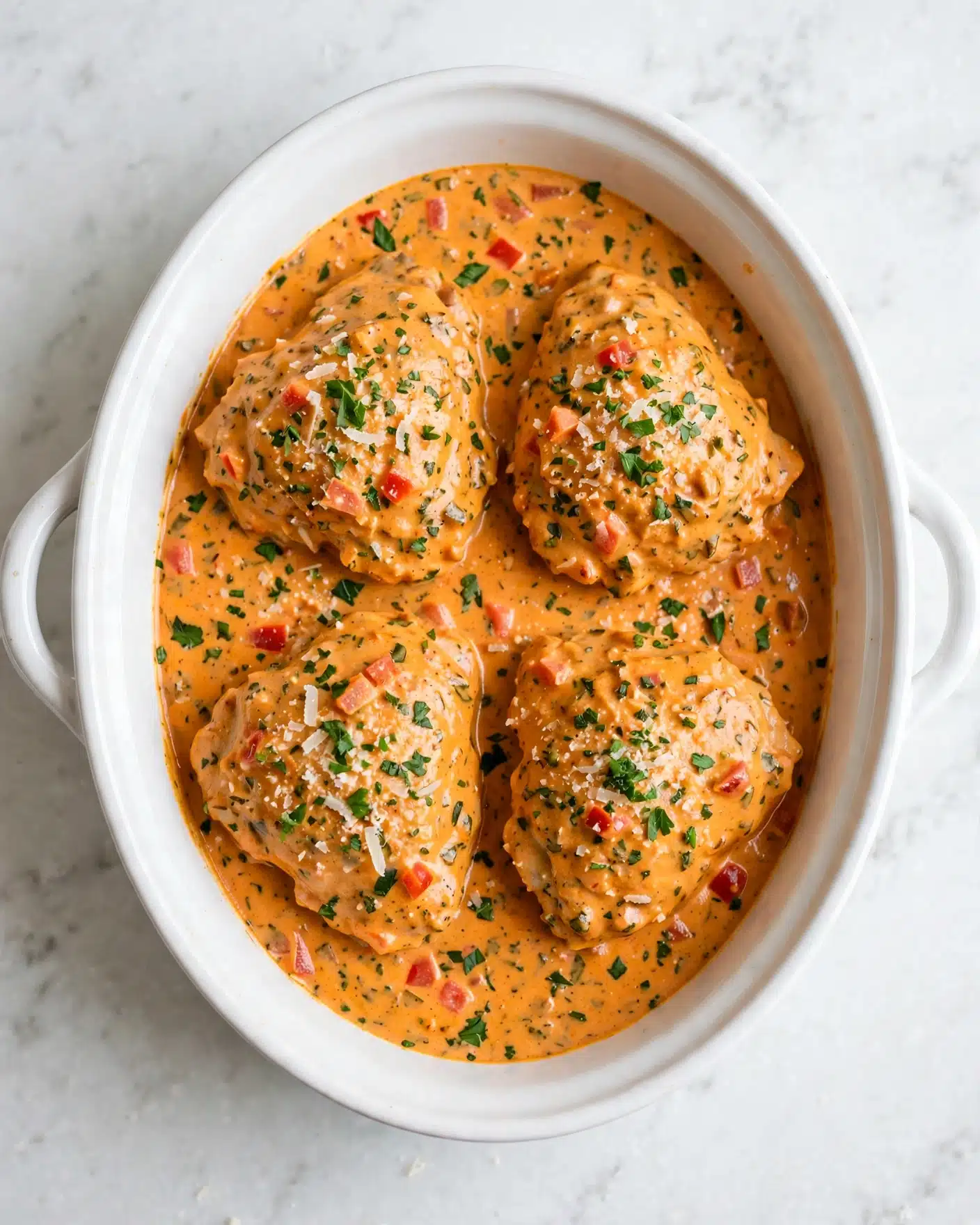 Slow Cooker Creamy Tomato Basil Chicken Recipe 5 The image shows a white oval dish filled with four large pieces of chicken covered in a thick orange creamy sauce. The sauce has small bits of red and green, likely herbs and spices, mixed in. The chicken pieces are partly submerged in the sauce, and the top layer is sprinkled with finely chopped green herbs and grated white cheese, adding texture and color contrast. The dish sits on a white marbled surface. photo taken with an iphone --ar 4:5 --v 7