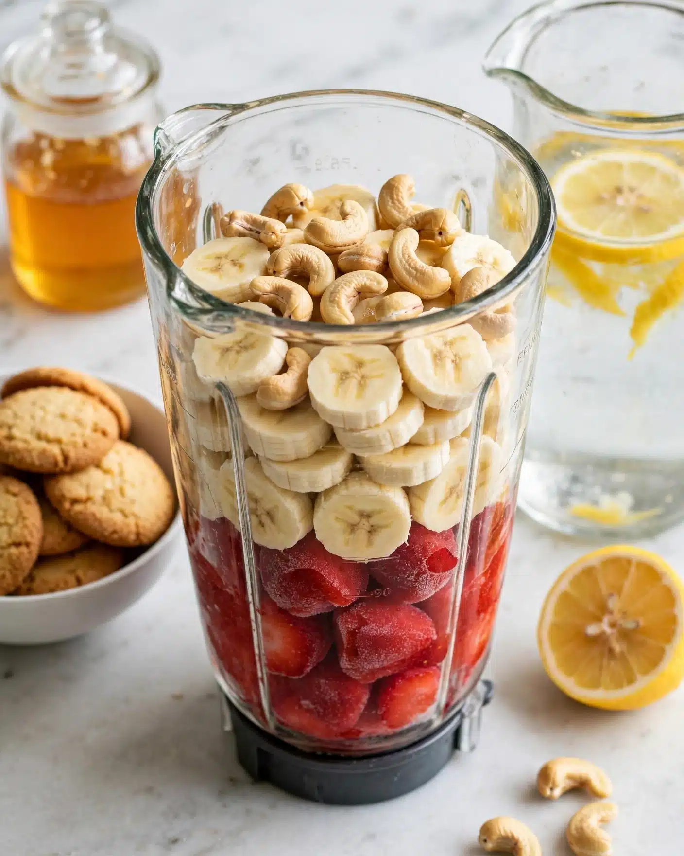 Vegan Strawberry Cheesecake Smoothie Recipe 4 A clear blender jar sits on a white marbled surface, filled with three layers of ingredients: the bottom layer is bright red frozen strawberries, the middle layer is pale yellow sliced bananas, and the top layer is raw whole cashews scattered across. To the left, a white bowl holds round golden cookies, and above it, a small glass container with a honey-colored liquid is visible. On the right side, a clear pitcher with a yellow lemon floats in water, and a halved lemon rests nearby on the white marbled background. photo taken with an iphone --ar 4:5 --v 7