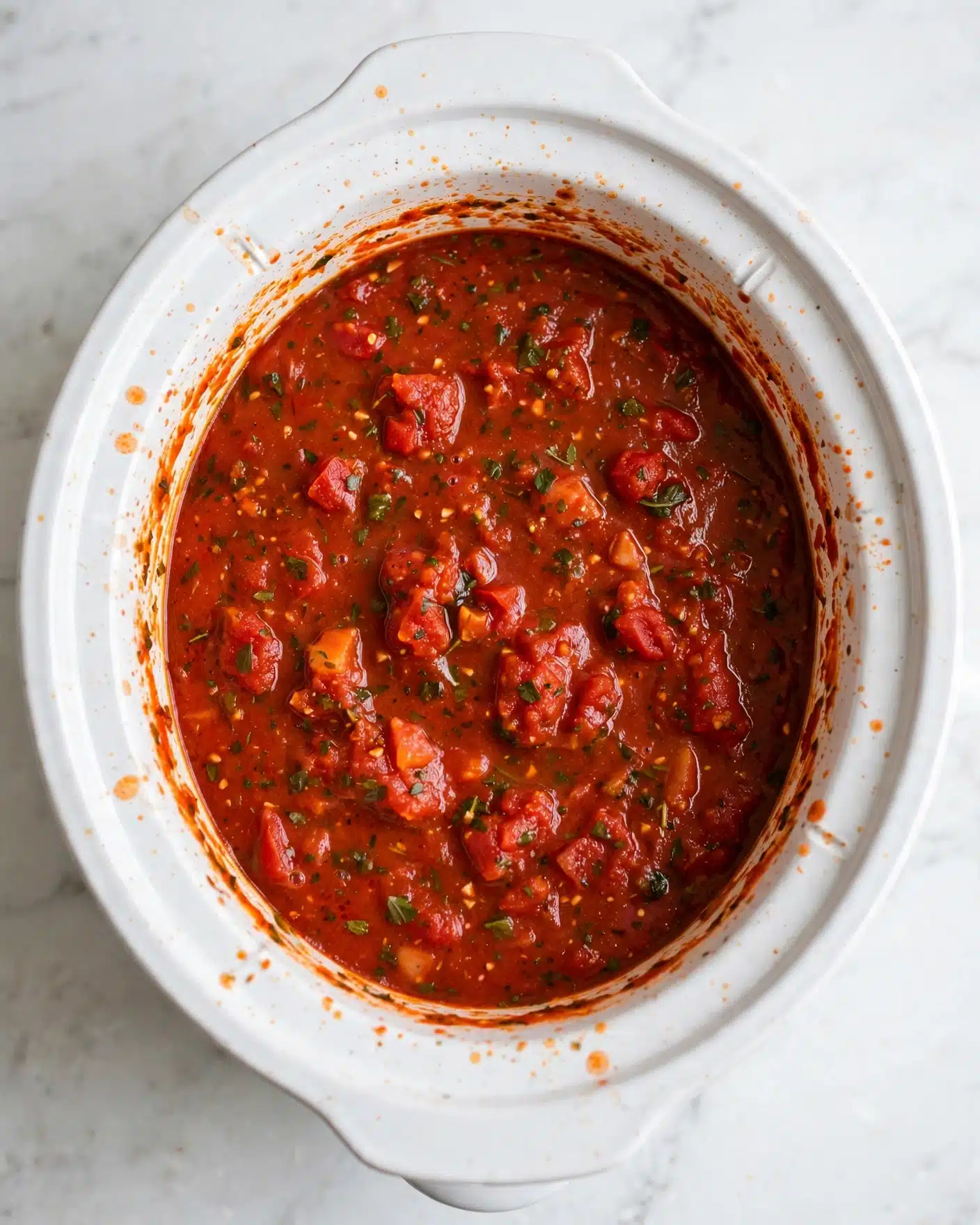 Slow Cooker Creamy Tomato Basil Chicken Recipe 4 The image shows a white slow cooker filled with thick red tomato sauce that contains visible chunks of tomatoes and bits of herbs. The sauce has a textured, slightly shiny surface with small pieces of ingredients scattered throughout. The inside of the cooker has some sauce splatters near the edges, indicating it has been cooking for some time. The slow cooker rests on a white marbled surface, photographed from above. photo taken with an iphone --ar 4:5 --v 7