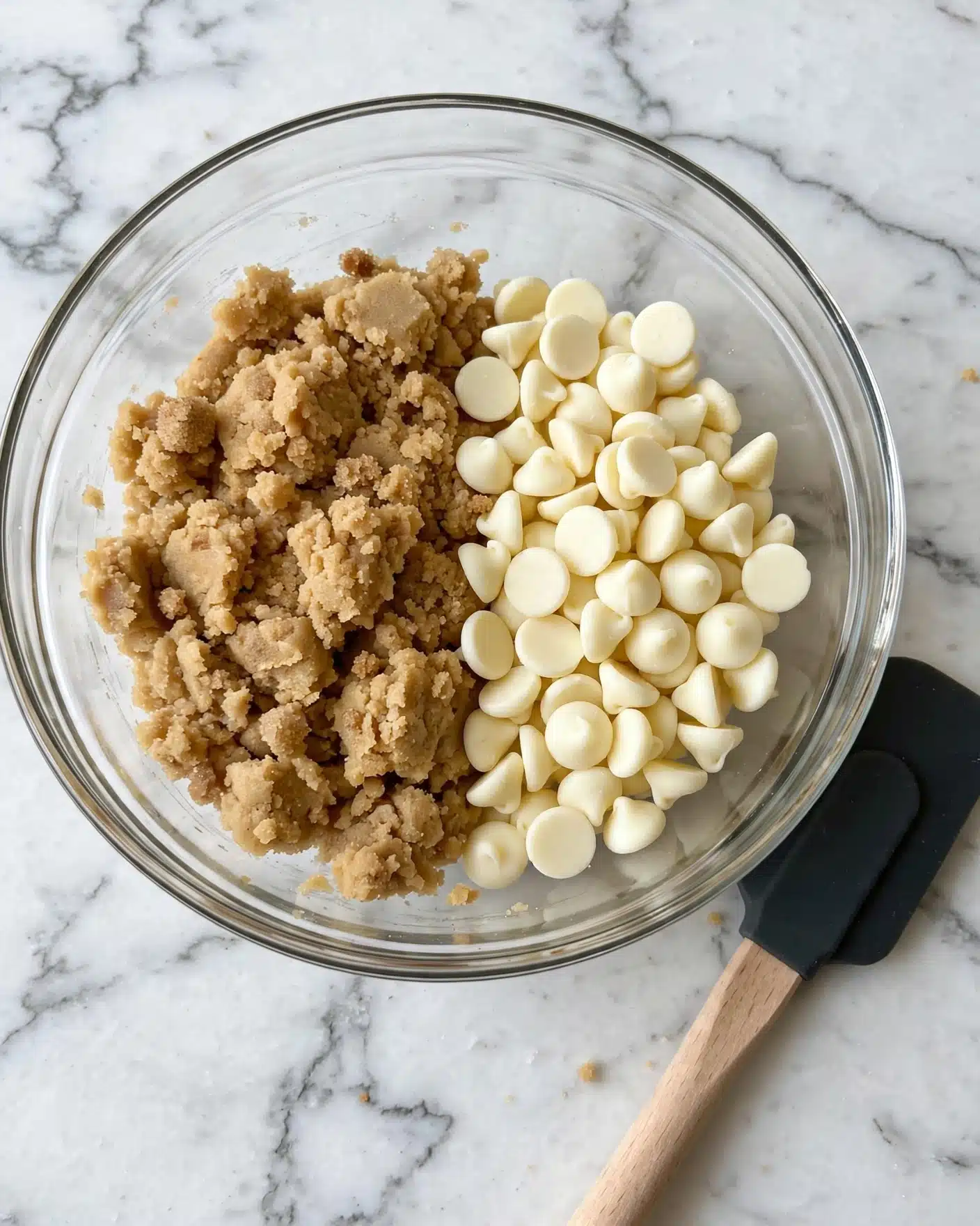 A clear glass bowl sits on a white marbled surface, filled with two main parts: one side has light brown cookie dough with a soft, slightly crumbly texture, while the other side holds a pile of white chocolate chips with a smooth, shiny surface. A light wooden and black silicone spatula rests beside the bowl. Photo taken with an iphone --ar 4:5 --v 7