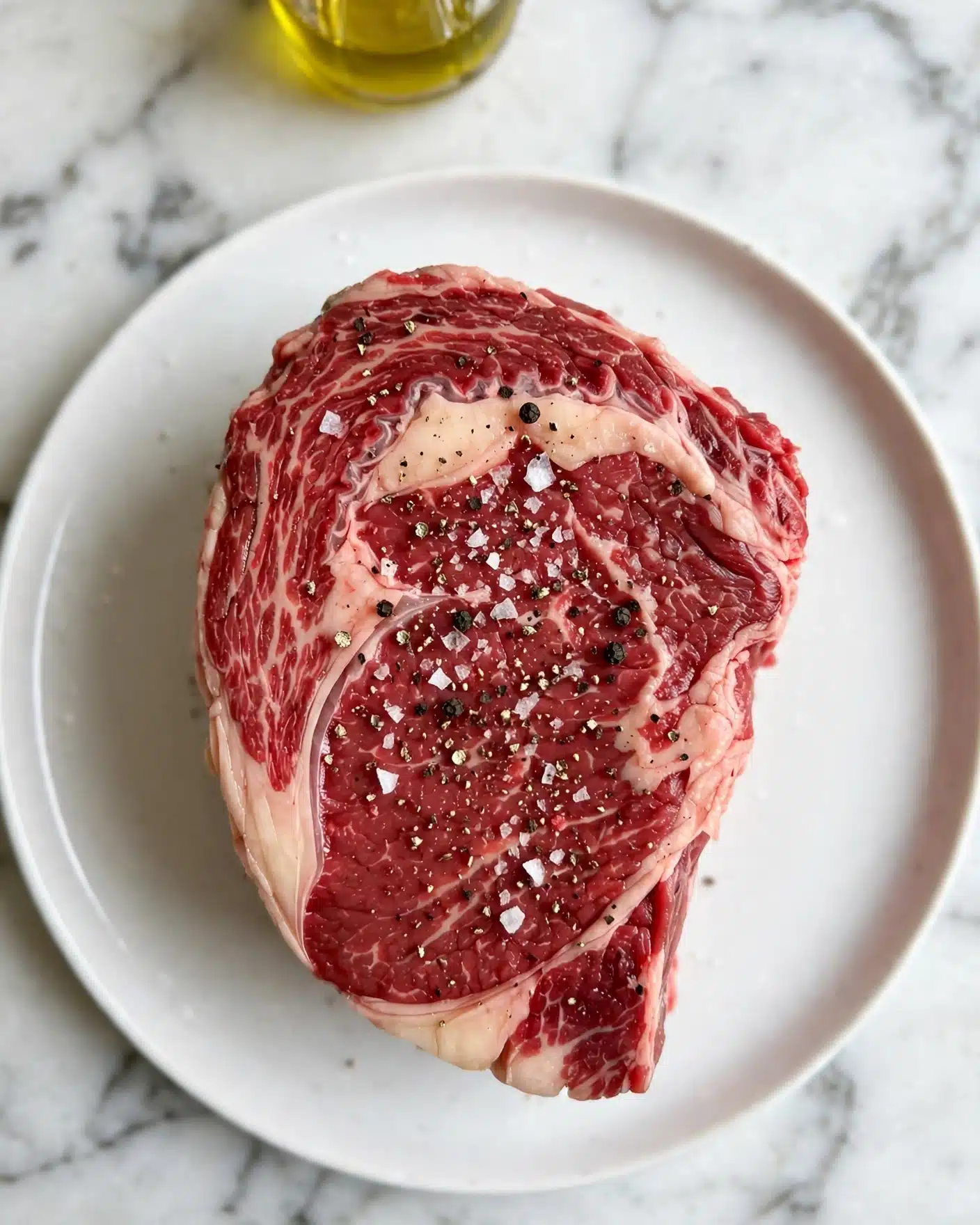 A single piece of raw beef roast sits in the center of a white plate, with visible fat layers and marbling in shades of deep red and light pink. The top surface of the roast is sprinkled with coarse salt and cracked black pepper, adding texture and seasoning contrast. The plate is placed on a white marbled surface, and a glass container with a yellow cooking oil is partially visible near the top of the image. The overall scene has natural lighting that highlights the meat’s texture and freshness photo taken with an iphone --ar 4:5 --v 7