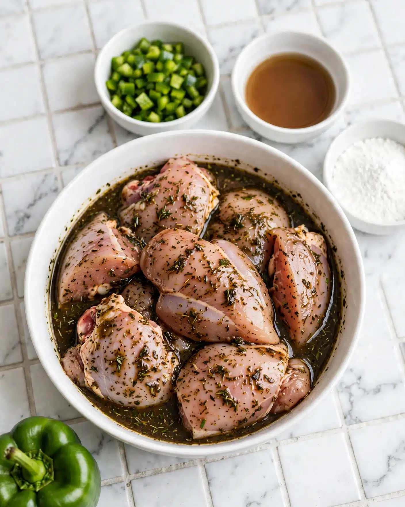 Peruvian Lime & Spice Roasted Chicken Wings with Aji Verde Recipe 4 The image shows a white bowl filled with pieces of raw chicken soaked in a dark, herb-speckled marinade covering the entire chicken surface with a shiny, wet texture. Around the bowl, on a white marbled surface with a tiled pattern, there are three small white bowls: one with light brown liquid, one with chopped green peppers, and one with fine white powder. There is also a whole green pepper near the bottom left corner. The scene is bright and clean, with the colors of the ingredients standing out clearly. photo taken with an iphone --ar 4:5 --v 7