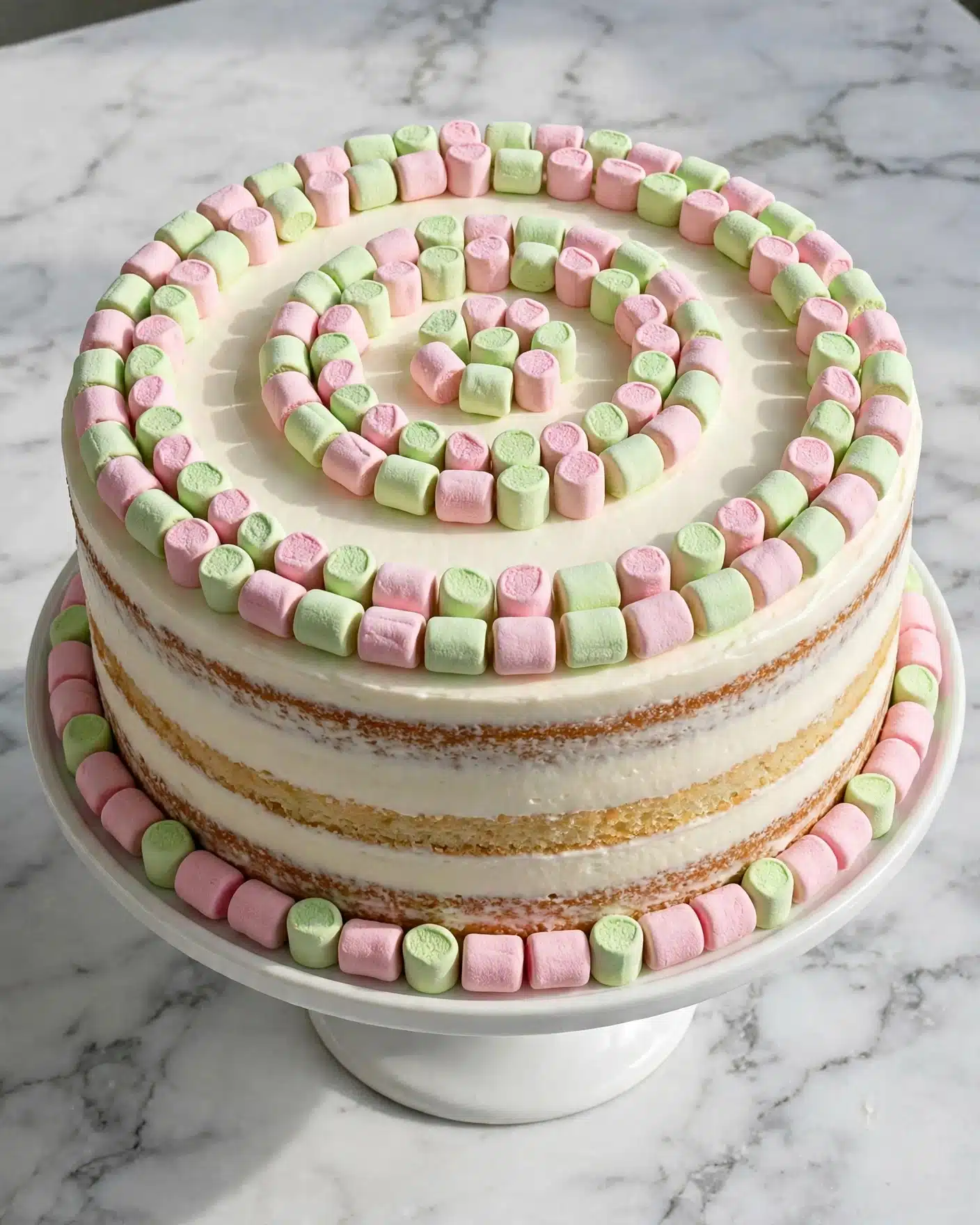 Easy Gluten-Free Strawberry Cake Recipe 5 A round cake with three visible layers is frosted in smooth white cream covering the entire cake. On top, there are small pink and green marshmallows arranged in a spiral pattern, starting from the center out to the edge. Around the base of the cake, there is a single row of pink marshmallows with a few green ones spaced evenly. The cake sits on a simple white pedestal cake stand, placed on a white marbled surface. photo taken with an iphone --ar 4:5 --v 7