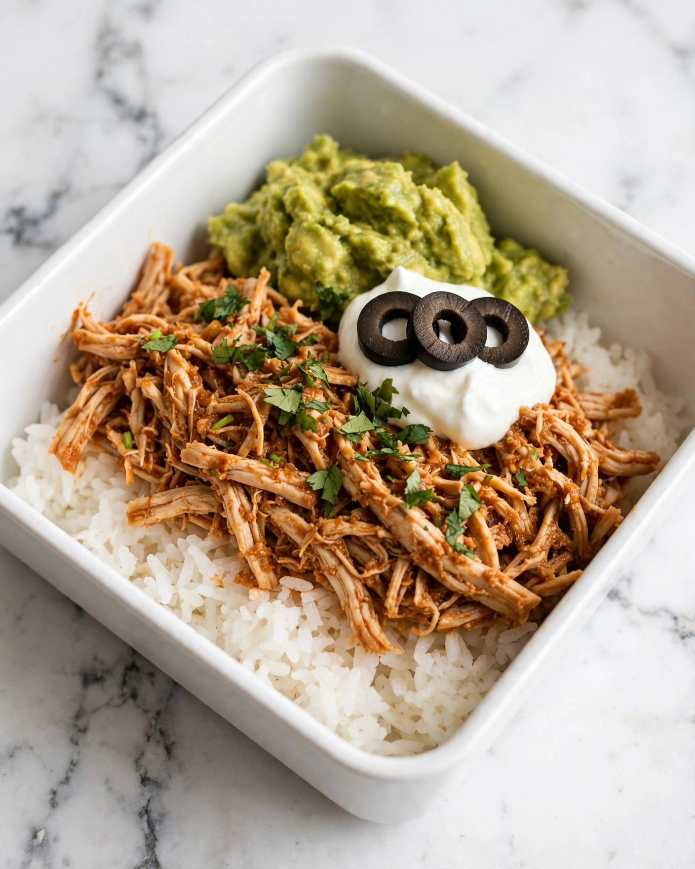 The image shows a white square container with a layered meal inside. The bottom layer is white rice with a fluffy texture. On top of the rice, there is a layer of shredded light brown chicken. On the chicken, there is a small dollop of white sour cream or yogurt. Next, three black olive slices are placed on the sour cream. Behind this, there is a generous scoop of green guacamole with a slightly chunky texture. Some chopped fresh green herbs are sprinkled on top of the chicken and sour cream. The container is set on a white marbled surface. photo taken with an iphone --ar 4:5 --v 7