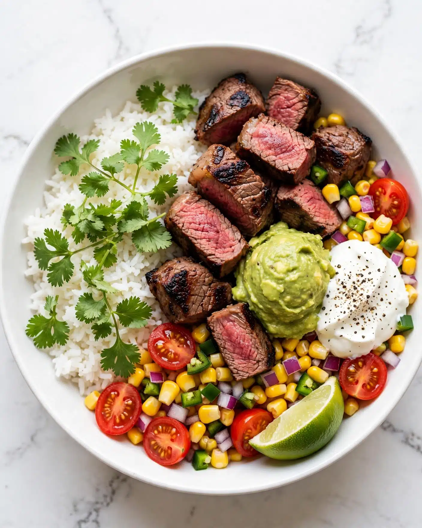 Steak Fajita Bowl Recipe 5 In a white bowl on a white marbled background, there is a layered dish starting with a base of white rice on the left side topped with fresh green cilantro leaves. Next to it on the right are chunks of medium-rare grilled steak showing pink centers and charred edges. Near the steak, there is a scoop of creamy green guacamole and a dollop of white sour cream with black pepper sprinkled on top. Surrounding the meat and cream, there are bright yellow corn kernels mixed with small pieces of red onion and chopped green jalapeño, along with halved red cherry tomatoes adding vibrant color. A wedge of lime sits at the edge of the bowl, adding a fresh touch. The overall image is bright and colorful, with a mix of soft and textured layers. Photo taken with an iphone --ar 4:5 --v 7
