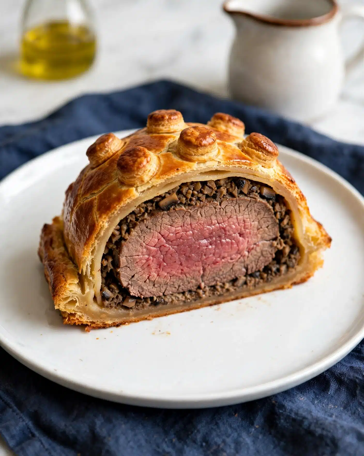 The image shows a thick slice of Beef Wellington on a white plate. The dish has four layers: a dark brown crust with round golden puff pastry decorations on the outside, a light golden-brown flaky pastry layer beneath it, a layer of finely chopped mushrooms in dark brown shades, and a central thick piece of medium-rare pink beef with a slightly darker outer edge. The plate rests on a dark blue cloth on a white marbled surface. In the background, there is a white jug with a brown rim. photo taken with an iphone --ar 4:5 --v 7