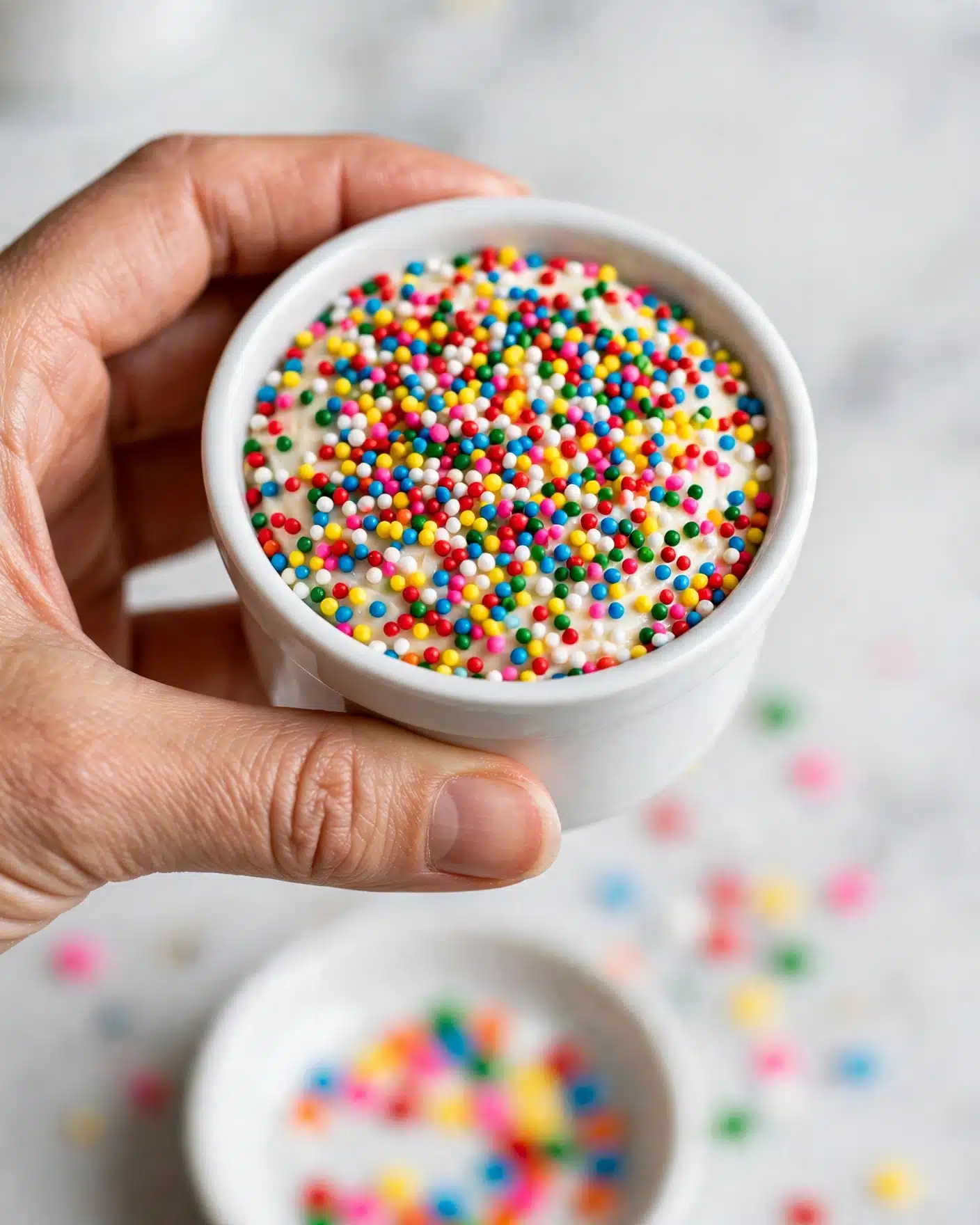 Easy Vegan Dot Cake Mug Cakes Recipe 5 The image shows a close-up of a small white ramekin held by a woman's hand. The ramekin is filled and topped with tiny, round, colorful sprinkles with colors like red, yellow, green, blue, white, and pink, covering the top layer fully and evenly. The background has a white marbled texture, and below the hand, there is a blurred view of more sprinkles on a white dish. The details highlight the bright, playful texture of the sprinkles contrasting with the smooth white ramekin and the natural tone of the woman's hand. photo taken with an iphone --ar 4:5 --v 7