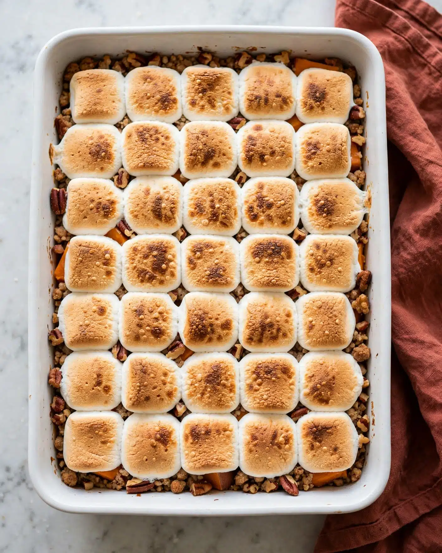 Sweet Potato Casserole with Pecan Topping and Marshmallows Recipe 5 The image shows a white rectangular baking dish filled with a dessert that has two main layers. The bottom layer is a mixture of small, crumbly, brown pieces and chopped nuts, giving a rough texture and a warm color. On top, there is a layer of large, soft marshmallows toasted to a golden brown with a slightly uneven but smooth surface. The marshmallows are arranged closely together in a grid pattern covering the entire dish. The dish sits on a white marbled surface with part of a reddish-brown cloth visible on the right side. photo taken with an iphone --ar 4:5 --v 7