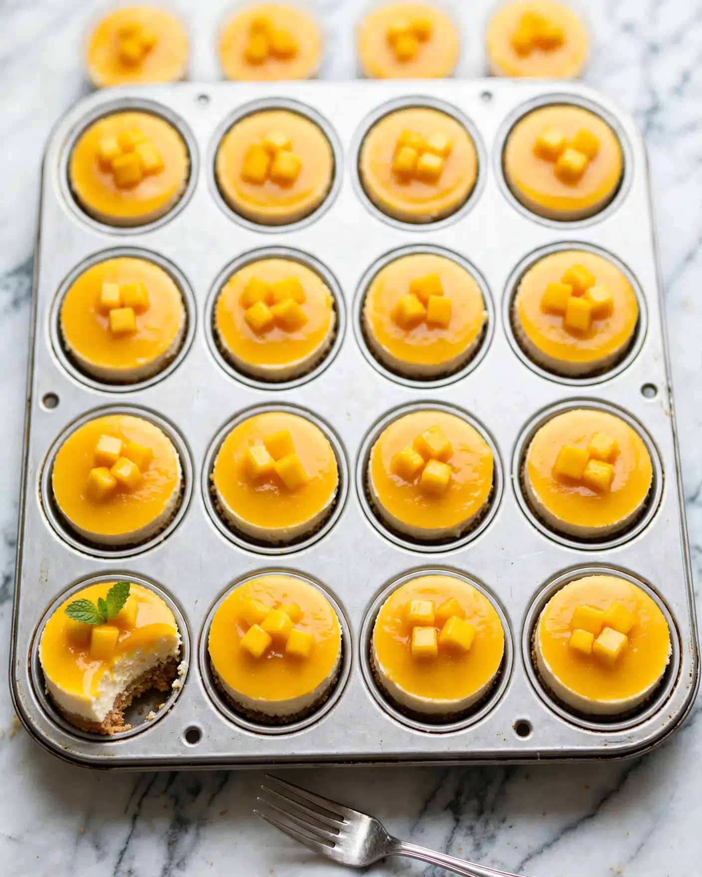 Mini Mango Lassi Cheesecakes (No-Bake) Recipe 5 This image shows small mango cheesecakes in white cupcake liners placed on a white marbled surface. Each cheesecake has three clear layers: a brown crumbly base at the bottom, a smooth white cream cheese layer in the middle, and a bright yellow mango topping on top. The mango layer is shiny and thick, with small chunks of fresh mango placed in the center. One cheesecake in the front has a bite taken out, showing the layers clearly, and a small green mint leaf sits on top of the mango pieces. A silver fork lies next to this cheesecake, all under soft natural light. Photo taken with an iphone --ar 4:5 --v 7