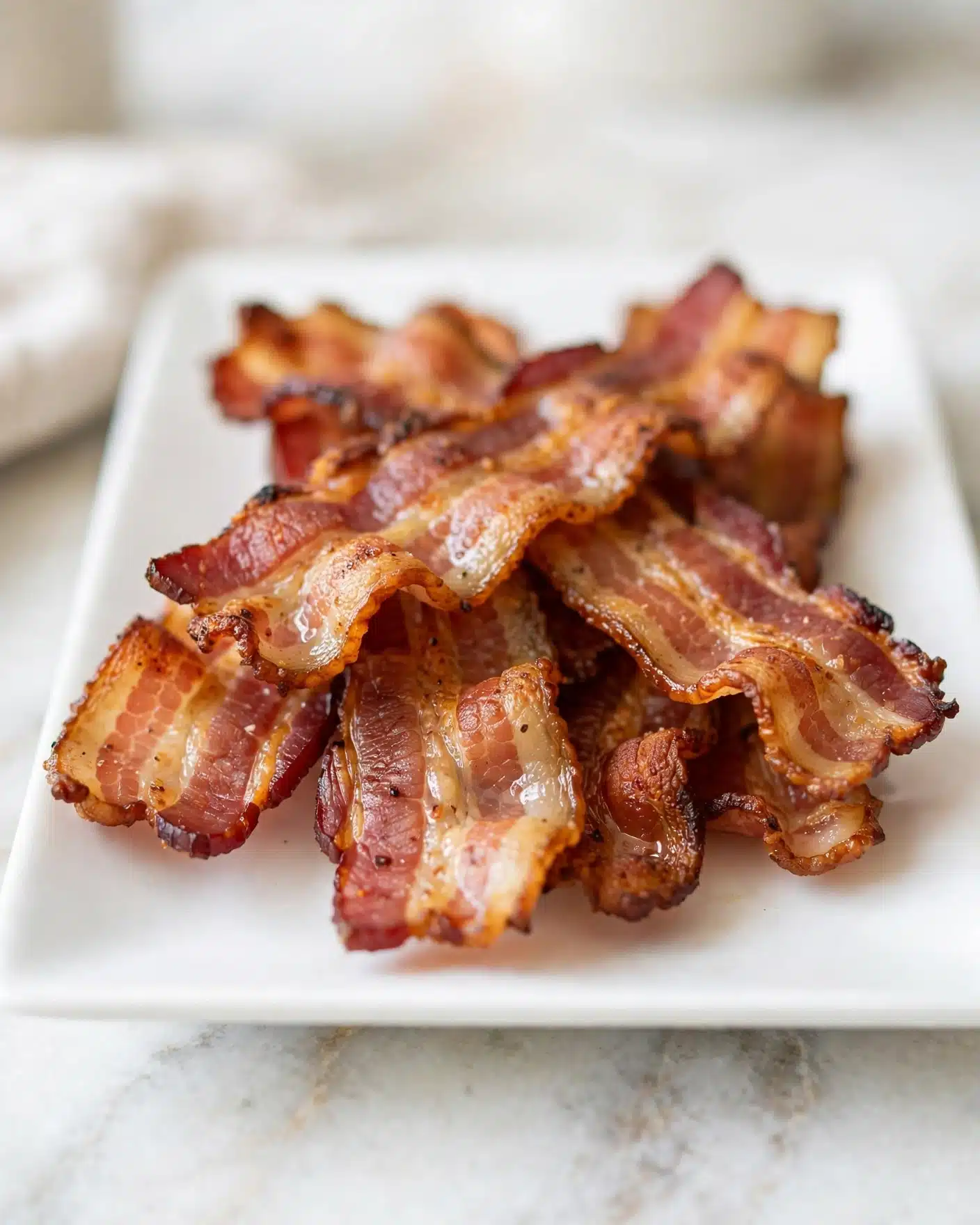 Brown Sugar Bacon Recipe 5 The image shows several strips of cooked bacon layered on a white rectangular plate. The bacon strips are piled unevenly, with glossy, rich brown color and slightly crispy texture, showing some darker edges and lighter fatty parts. The plate sits on a white marbled surface, and the background is soft and blurred with light colors. Photo taken with an iphone --ar 4:5 --v 7