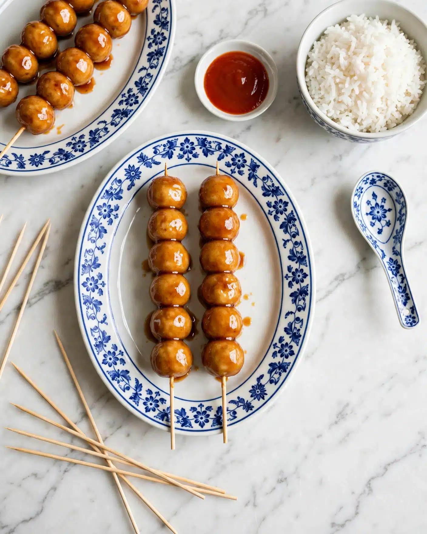 Hong Kong-Style Curry Fish Balls Recipe 5 The image shows two white oval plates with blue patterns on the rim, each holding skewers of round golden-brown balls covered in a shiny sauce, arranged in two layers of four balls each on each skewer. One plate is centered with two skewers side by side, while the other plate is partially visible in the top left corner with a close-up of more skewers in sauce. To the right, there is a small white bowl with blue patterns filled with white rice, and next to it is a matching spoon with a rounded end. Between the rice and the skewers is a small round white dish with red sauce. The items rest on a white marbled surface, and several wooden skewers lay around the plates. Photo taken with an iphone --ar 4:5 --v 7
