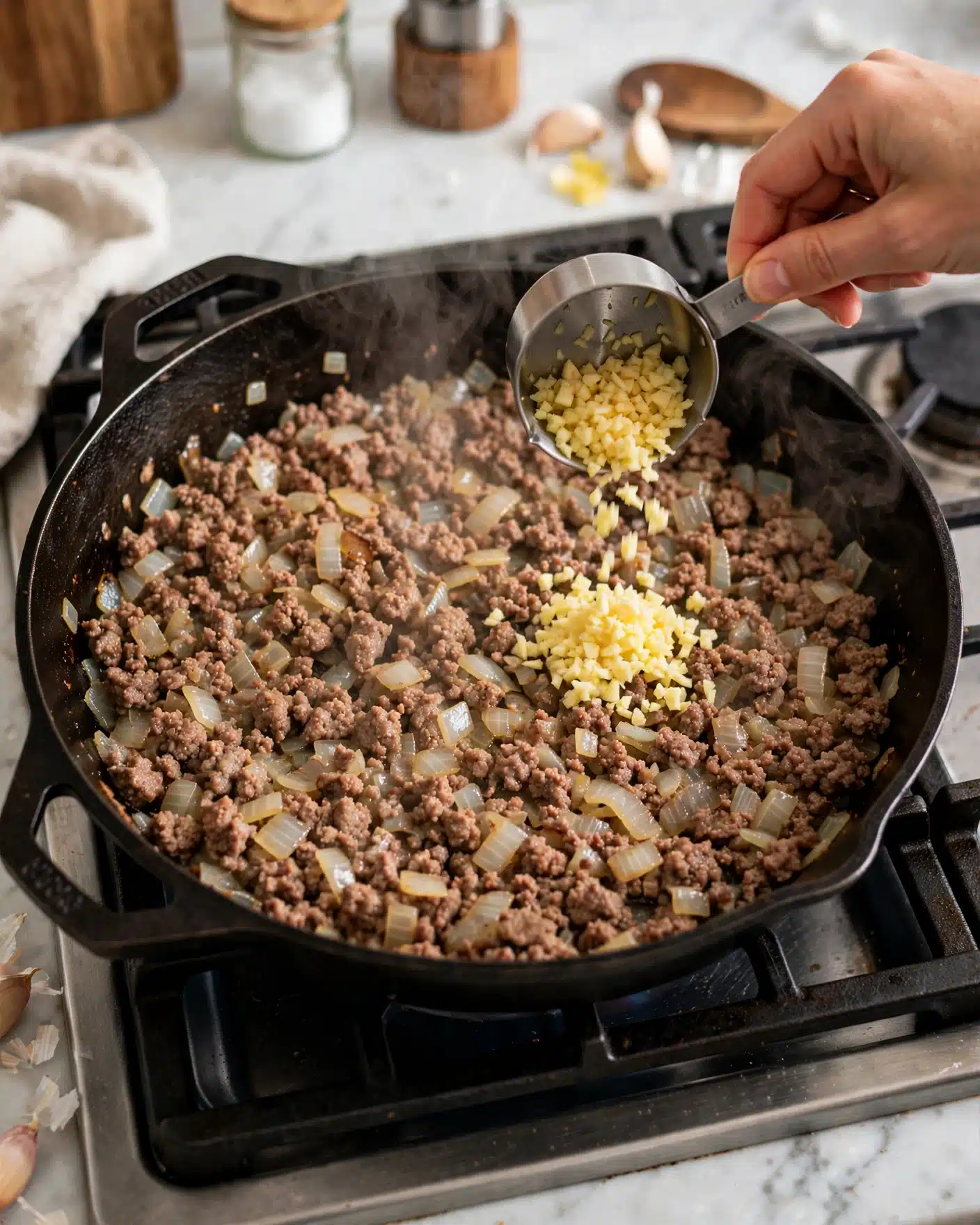 Cheesy Baked Spaghetti Recipe 4 A close-up of a black cast iron pan on a stove with cooked ground meat mixed with chopped translucent onions forming one textured brown and white layer, steam rising above it. A woman's hand holding a small metal cup is pouring finely chopped light yellow garlic onto the meat and onions, adding a small bright yellow pile in the center-right of the pan. The background includes a white marbled surface and some kitchen objects. photo taken with an iphone --ar 4:5 --v 7