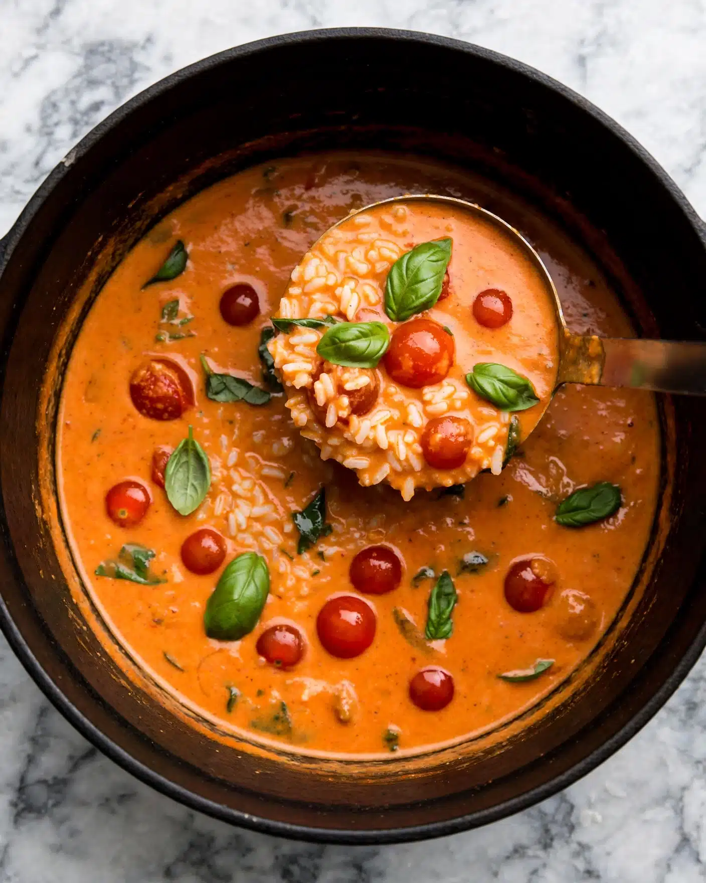 A large black pot filled with bright orange-red soup that looks thick and creamy. A ladle lifts a scoop of soup showing layers of creamy orange base, small whole red cherry tomatoes, chunks of white rice, and green basil leaves. The background is a white marbled surface. Photo taken with an iphone --ar 4:5 --v 7