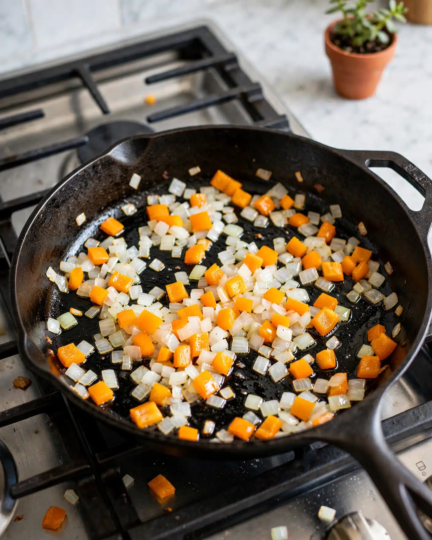 In a black cast iron pan, small diced onions and orange bell peppers are being cooked together. The onions are translucent white, while the bell peppers show a bright and fresh orange color. The pieces are spread unevenly across the pan surface, which has a slight shine from the oil used for cooking. The pan sits on a stove top, and in the background, a small green plant pot is visible beside a white marbled countertop. photo taken with an iphone --ar 4:5 --v 7