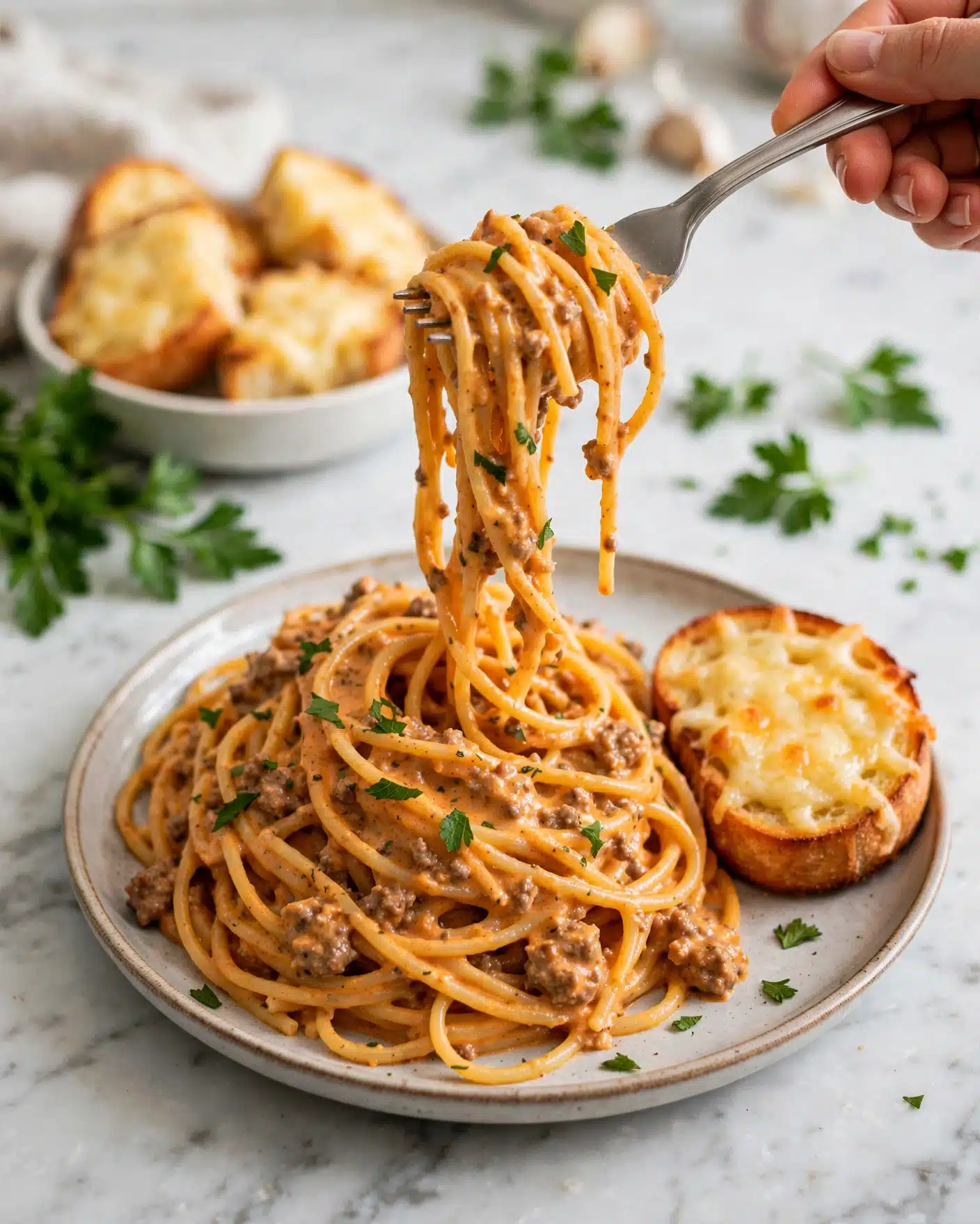 Cheesy Baked Spaghetti Recipe 5 A fork held by a woman's hand lifts a twirl of spaghetti mixed with a creamy, orange-colored meat sauce that has small bits of browned meat and scattered green herb leaves. Underneath, a plate holds a mound of spaghetti coated evenly in the same sauce, with a toasted round piece of bread topped with melted yellow cheese placed near the pasta. In the background, a white bowl contains a portion of the cheesy bread, and there is fresh green leafy parsley nearby. The whole scene is set on a white marbled surface. photo taken with an iphone --ar 4:5 --v 7