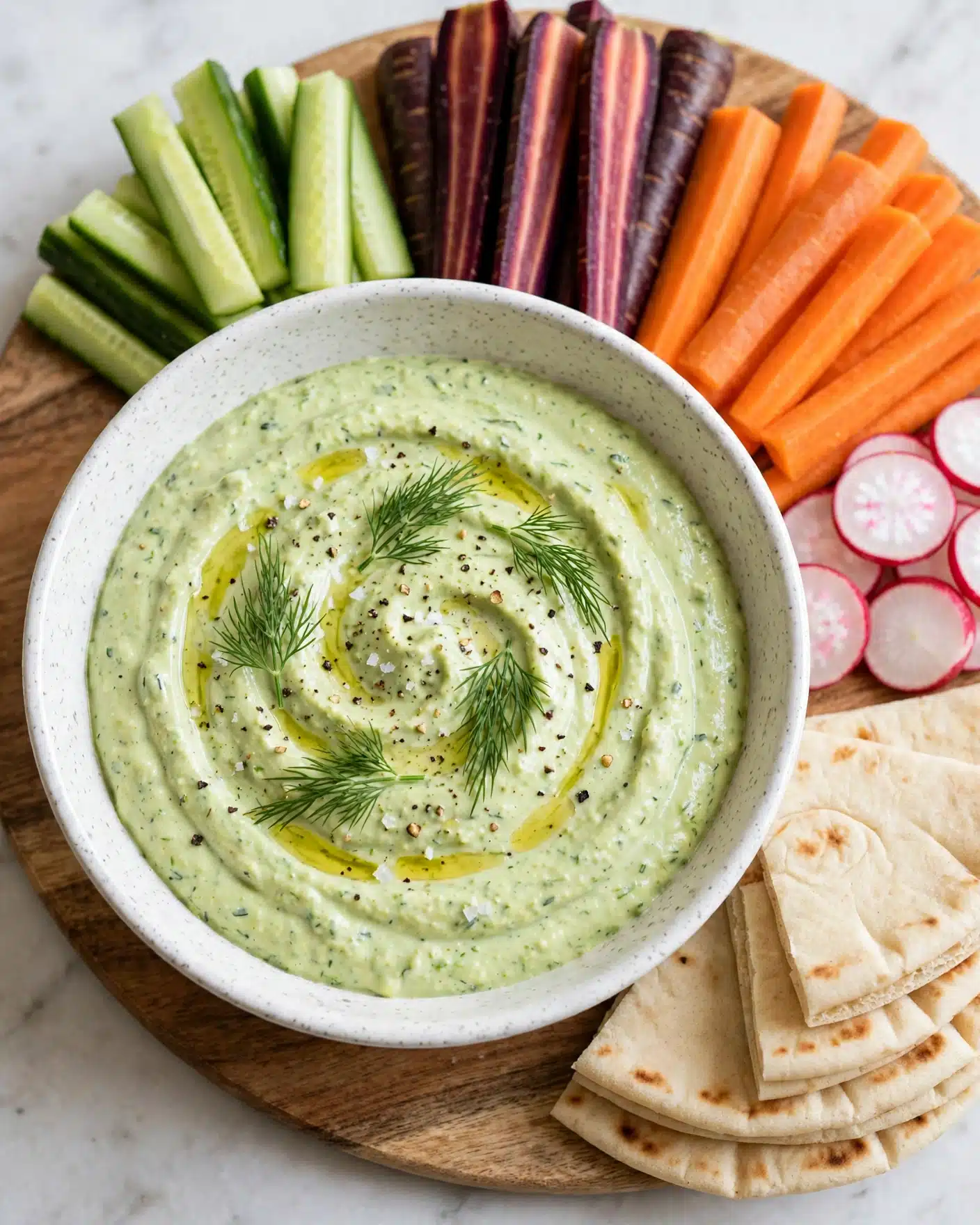 Roasted Zucchini Dip Recipe 5 A white bowl filled with creamy, light green dip sits in the center on a wooden board, garnished with fresh green dill sprigs and a drizzle of olive oil with light seasoning on top. Surrounding the bowl are layers of fresh vegetables and pita bread. On the top left, there are crisp cucumber sticks in light to medium green shades. Next to them, long purple carrot sticks add depth with their dark skin and lighter inside showing. To the right of the carrots, thin orange carrot sticks create a bright contrast. On the right side of the bowl, thin round slices of radish show mostly white centers with vibrant red edges. At the bottom right, folded pieces of warm pita bread are light beige with faint brown spots, resting on the wooden board. Everything is placed on a white marbled surface. Photo taken with an iphone --ar 4:5 --v 7