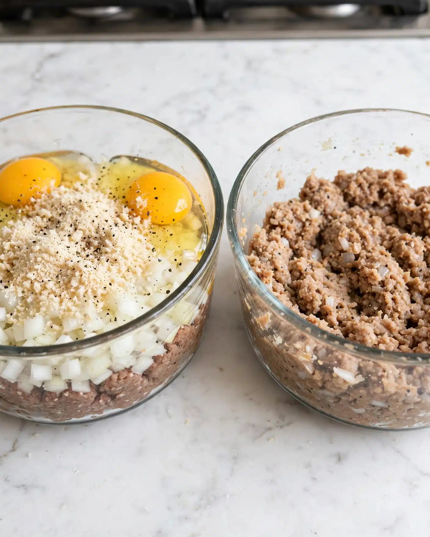 Sweet and Sour Meatballs Recipe 4 The image shows two clear glass bowls on a white marbled surface side by side. The left bowl contains layers of ingredients: a base of ground meat topped with finely chopped white onions, two bright yellow raw eggs on opposite sides, a sprinkle of pale beige breadcrumbs, and specks of black pepper scattered over the top. The right bowl shows the mixture fully blended into a soft, light brown, slightly textured meat mixture with small bits visible throughout. The lighting is bright and even, highlighting the textures clearly. Photo taken with an iphone --ar 4:5 --v 7