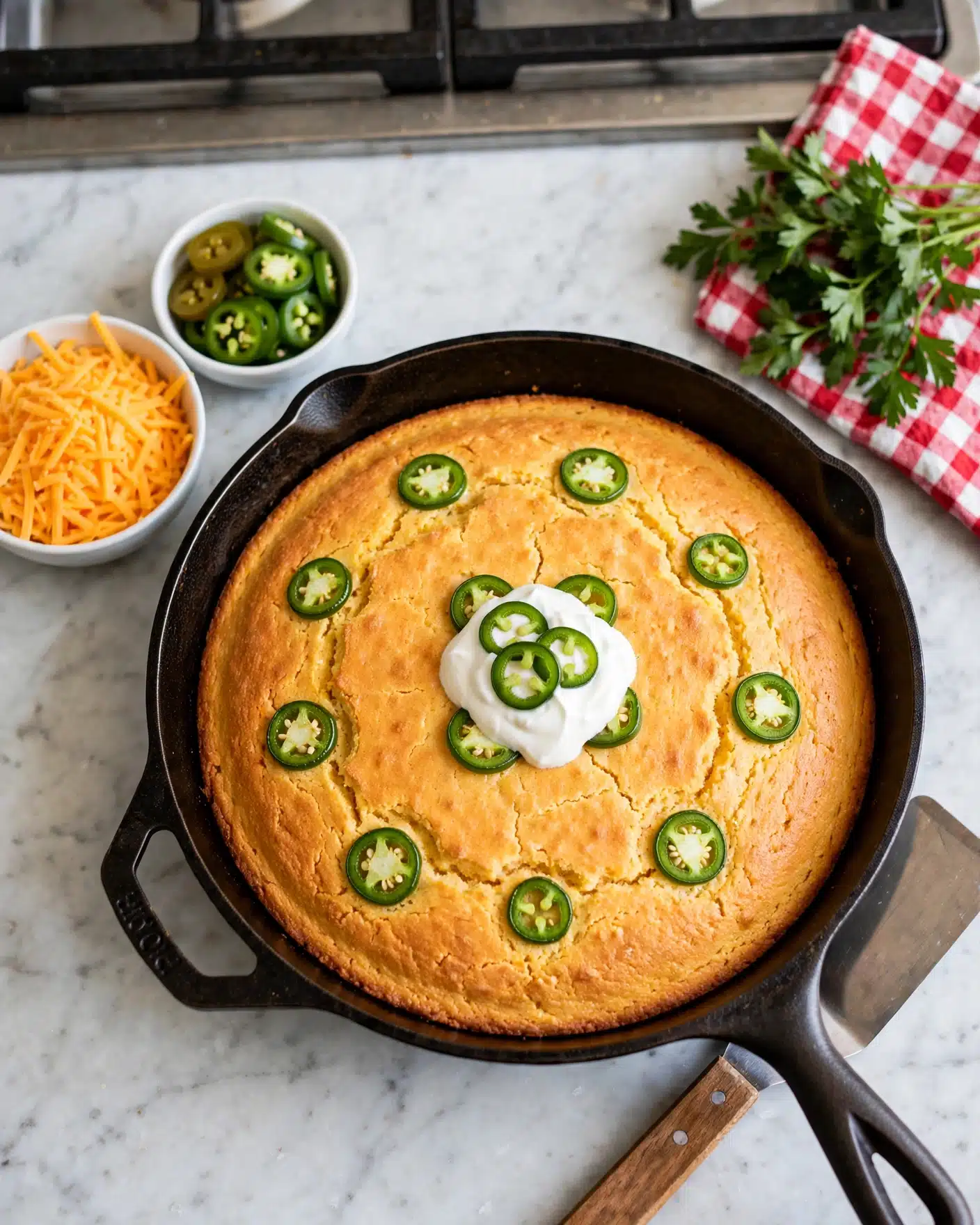 The image shows a golden brown baked cornbread in a black cast iron skillet. The top layer is slightly cracked and decorated with several round green jalapeño slices scattered over it, with one cluster of white sour cream and jalapeños in the center. Next to the skillet are two small white bowls, one filled with bright orange shredded cheese and the other with sliced jalapeños. There is fresh green parsley in the upper right corner resting on a red and white checkered cloth. The scene is set on a white marbled surface with a wooden-handled spatula placed partially under the skillet on the bottom right. photo taken with an iphone --ar 4:5 --v 7