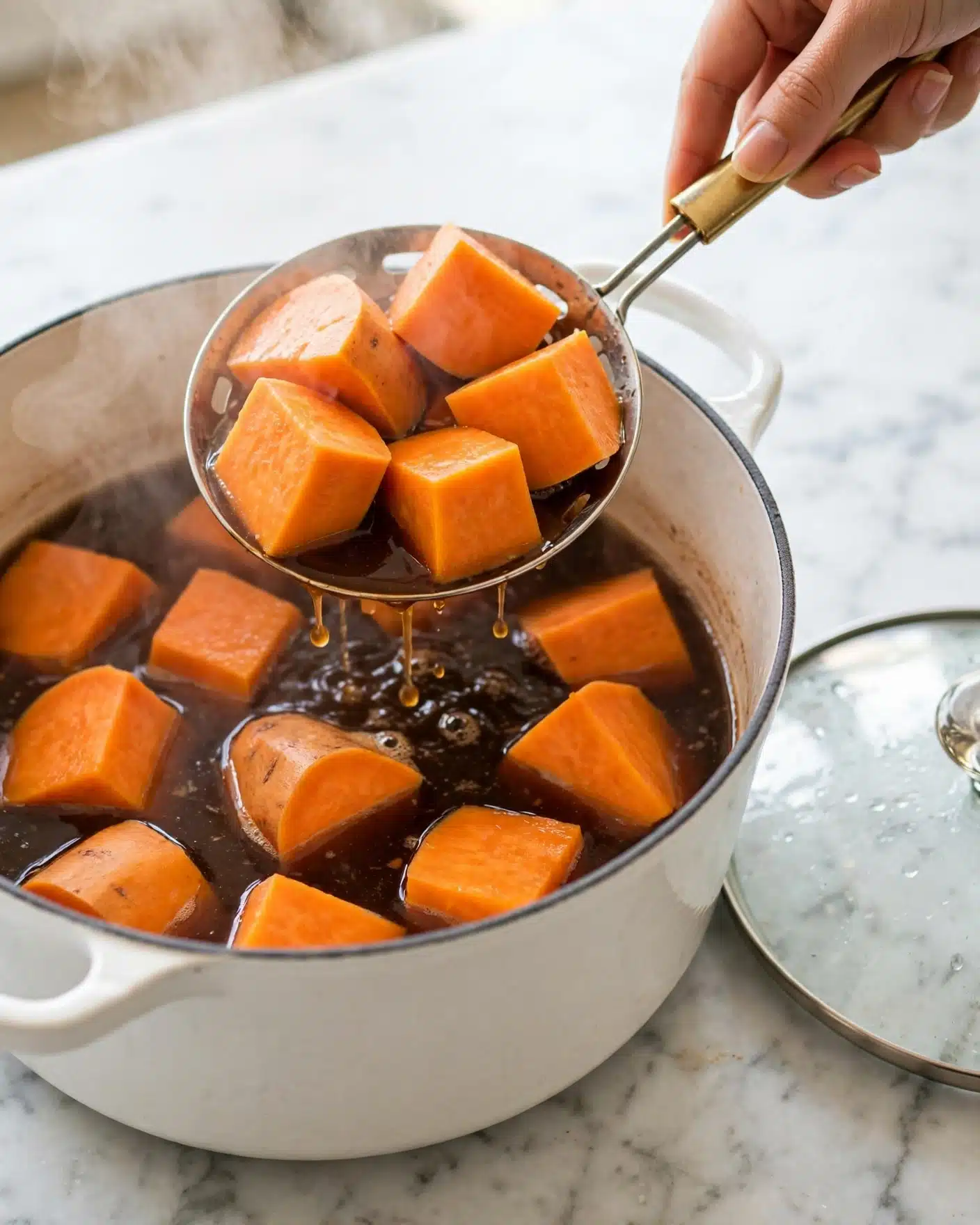 Sweet Potato Casserole with Pecan Topping and Marshmallows Recipe 4 A white pot filled with large, bright orange chunks of sweet potatoes simmering in dark brown liquid. A woman's hand is holding a metal skimmer with a golden handle, lifting some sweet potato pieces out of the pot. Steam rises gently from the pot, and the pot is on a white marbled surface with a clear glass lid resting beside it photo taken with an iphone --ar 4:5 --v 7