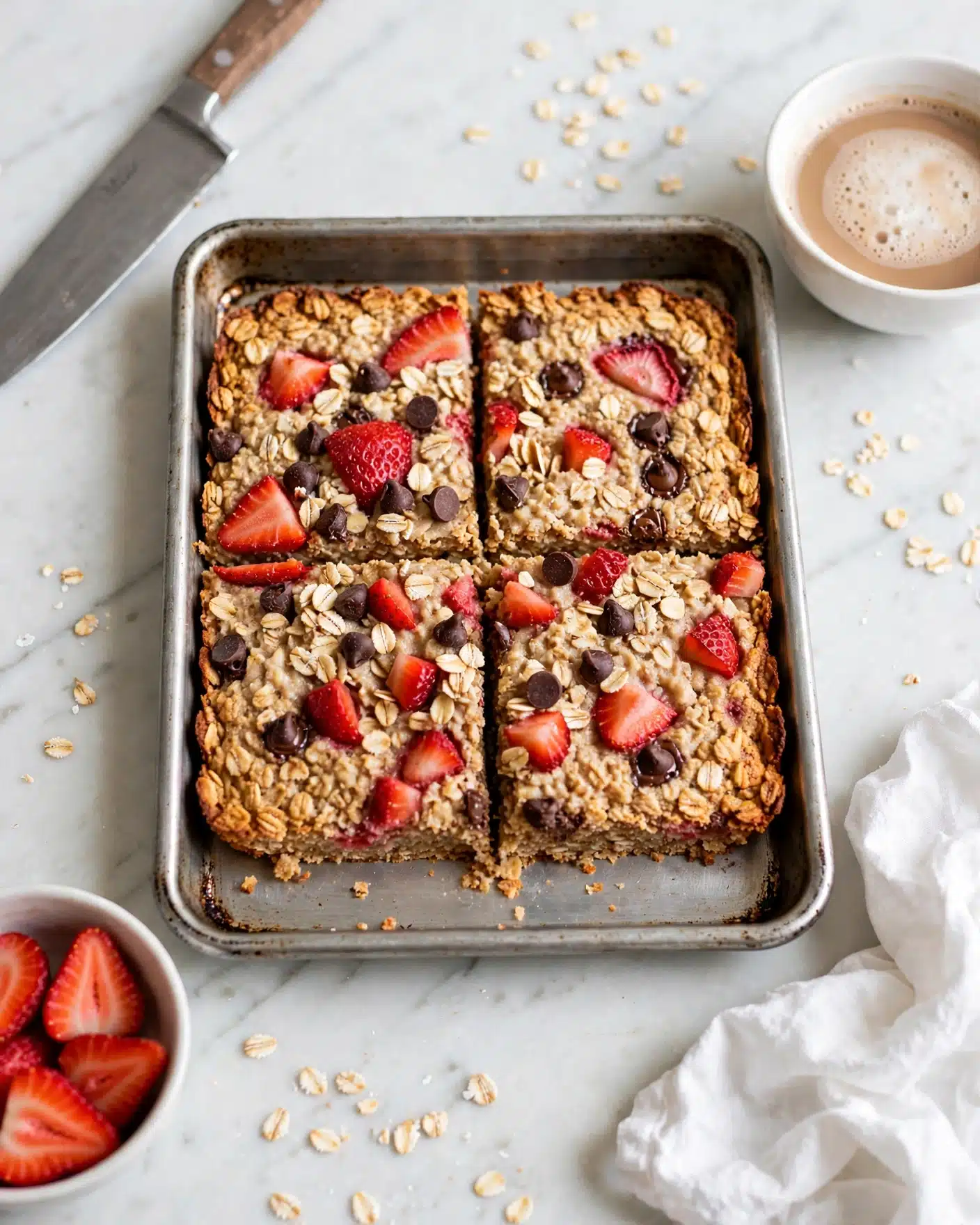Easy Strawberry Banana Baked Oatmeal with Chocolate Chips Recipe 5 A metal baking tray holds a baked oat bar divided into six equal square pieces. The oat bar shows three layers visually: a base layer of golden baked oats with a rough texture, the top layer scattered with bright red sliced strawberries that are partially embedded, and small dark brown chocolate chips spread evenly across the surface, giving a textured look with soft melted spots. Around the tray, the white marbled surface is visible with a knife resting on the top left, and a white bowl partly filled with light brown liquid and frothy texture in the top right corner. Bottom left shows a white bowl with fresh sliced strawberries, and a piece of white crumpled cloth is near the bottom right. Photo taken with an iphone --ar 4:5 --v 7