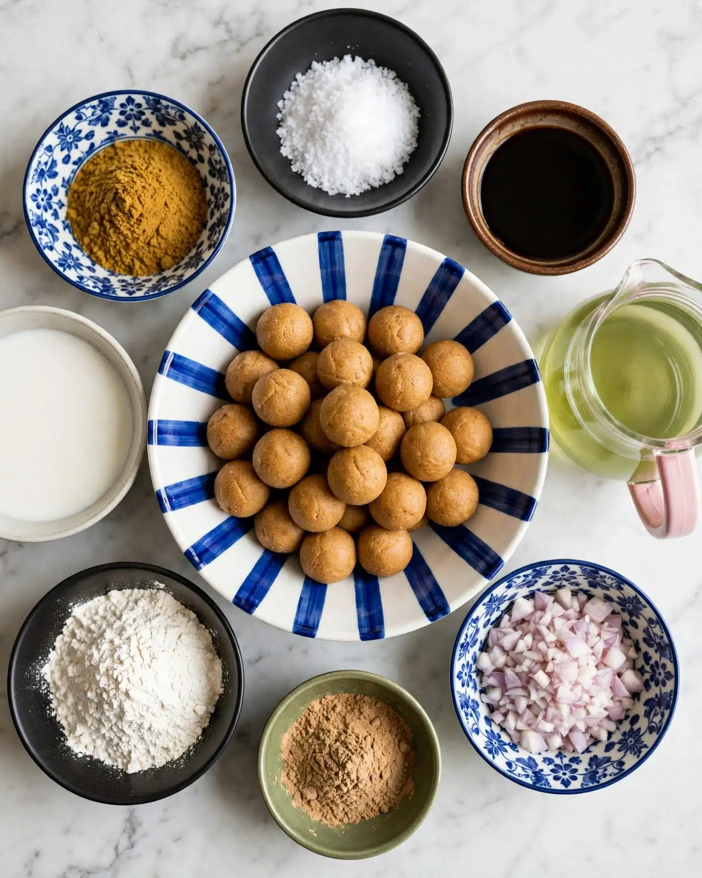 Hong Kong-Style Curry Fish Balls Recipe 4 The image shows a large white bowl with blue vertical stripes filled with about 25 small, round, golden brown dough balls arranged in a mound at the center. Surrounding this bowl are smaller bowls and containers on a white marbled surface: a blue and white patterned bowl with a yellow-brown spice powder, a black bowl with coarse white salt, a small brown bowl with dark soy sauce, a clear pitcher with pale green liquid and a pink handle, a blue and white patterned bowl filled with finely chopped pale pink and white shallots, a small green bowl with a light brown powder, a black bowl filled with white flour, and a shallow bowl with a white liquid. The items are arranged neatly in a circle around the main bowl photo taken with an iphone --ar 4:5 --v 7