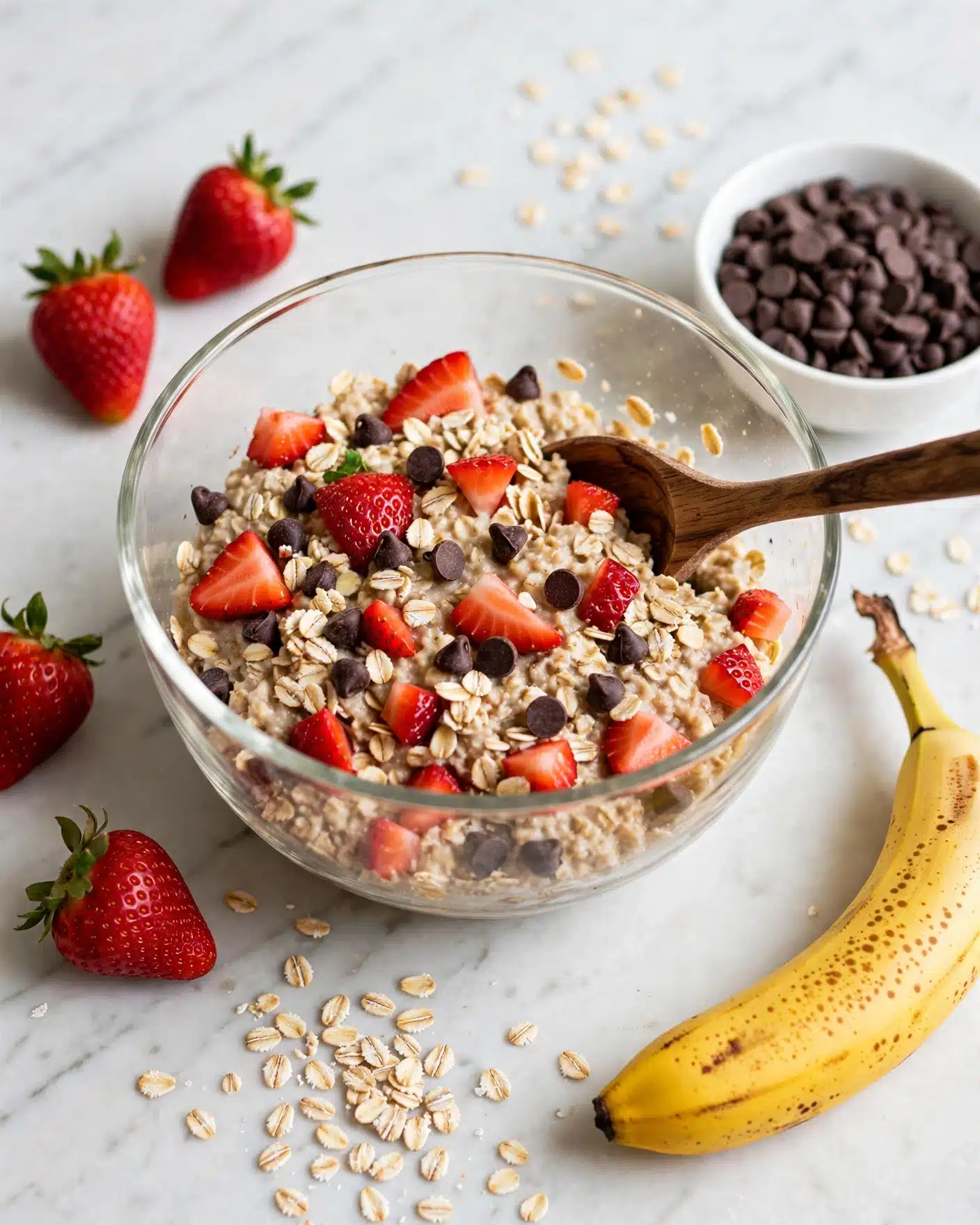 Easy Strawberry Banana Baked Oatmeal with Chocolate Chips Recipe 4 A clear glass bowl filled with a mixture of light beige oatmeal with visible textured oats, scattered small dark chocolate chips, and bright red strawberry pieces in various sizes. A rustic wooden spoon with a dark handle is resting in the bowl, partially submerged in the mixture. Surrounding the bowl on a white marbled surface are whole fresh strawberries with green tops, a slightly spotted yellow banana, some loose oats, and a small white bowl filled with dark chocolate chips. The setup looks bright and fresh with natural light coming from above. photo taken with an iphone --ar 4:5 --v 7