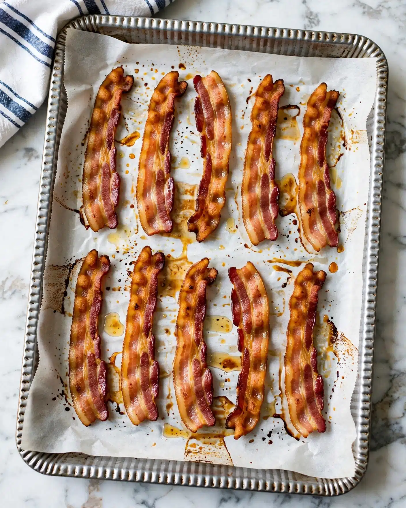 Brown Sugar Bacon Recipe 4 The image shows a metal baking tray lined with white parchment paper that holds ten cooked strips of bacon arranged in two rows of five. The bacon strips are golden brown and slightly curled with shiny, crispy textures and some darker caramelized spots. The parchment paper underneath has absorbed grease, creating a glossy layer with orange-brown patches and small pools of oil. The tray is placed on a white marbled surface, with a white cloth featuring dark blue stripes in the top left corner. Photo taken with an iphone --ar 4:5 --v 7
