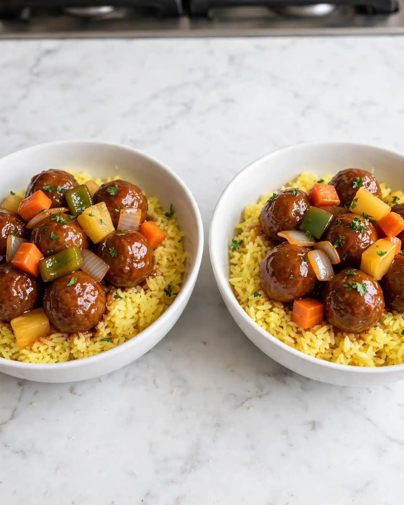 Sweet and Sour Meatballs Recipe 5 The image shows two white bowls with yellow rice as the base layer, covering the bottom. On top of the rice are shiny brown meatballs coated in sauce, mixed with colorful chunks of vegetables including bright orange carrots, green bell peppers, translucent onions, and yellow pineapple pieces. The ingredients are garnished with small bits of fresh green herbs, and the bowls rest on a white marbled surface. The photo taken with an iphone --ar 4:5 --v 7