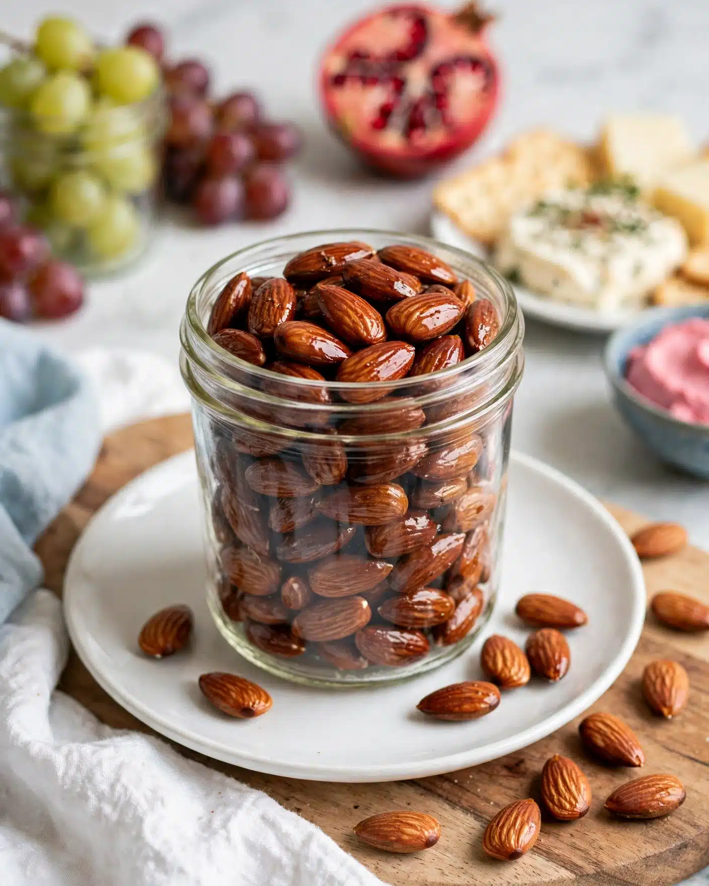 Smoky Maple Spiced Almonds Recipe 5 A clear glass jar filled with shiny, roasted almonds sits at the center on a simple white plate; some almonds are scattered around the plate and wooden board underneath. The background holds a white marbled texture with blurred colorful items including light green grapes in a glass jar, red grapes, a half pomegranate with bright red seeds, and a white plate with various cheeses and crackers, showcasing layers of cream and herbs. To the right, there is a hint of a blue bowl containing a bright pink spread. Photo taken with an iphone --ar 4:5 --v 7