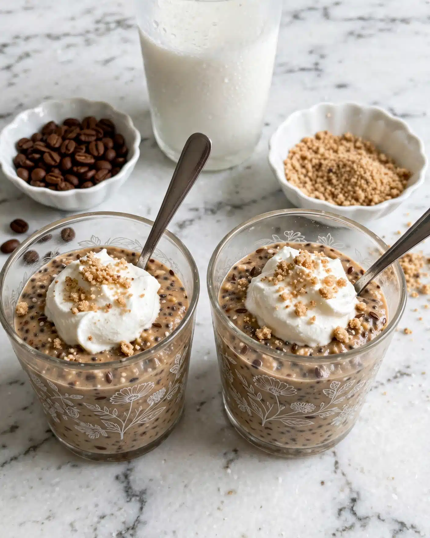 Brown Sugar Shaken Espresso Overnight Oats Recipe 5 Two clear glass cups with floral pattern hold a thick light brown pudding filled with small dark seeds and bits, each topped with a blob of white whipped cream sprinkled with light brown crumbs. Each cup has a silver spoon inside. In the background on the right, there is a small white scalloped bowl filled with more light brown crumbs, and on the left, a smaller white scalloped bowl holds dark brown coffee beans. Behind them is a tall, frosted glass of milk. The surface and background are a white marbled texture. photo taken with an iphone --ar 4:5 --v 7