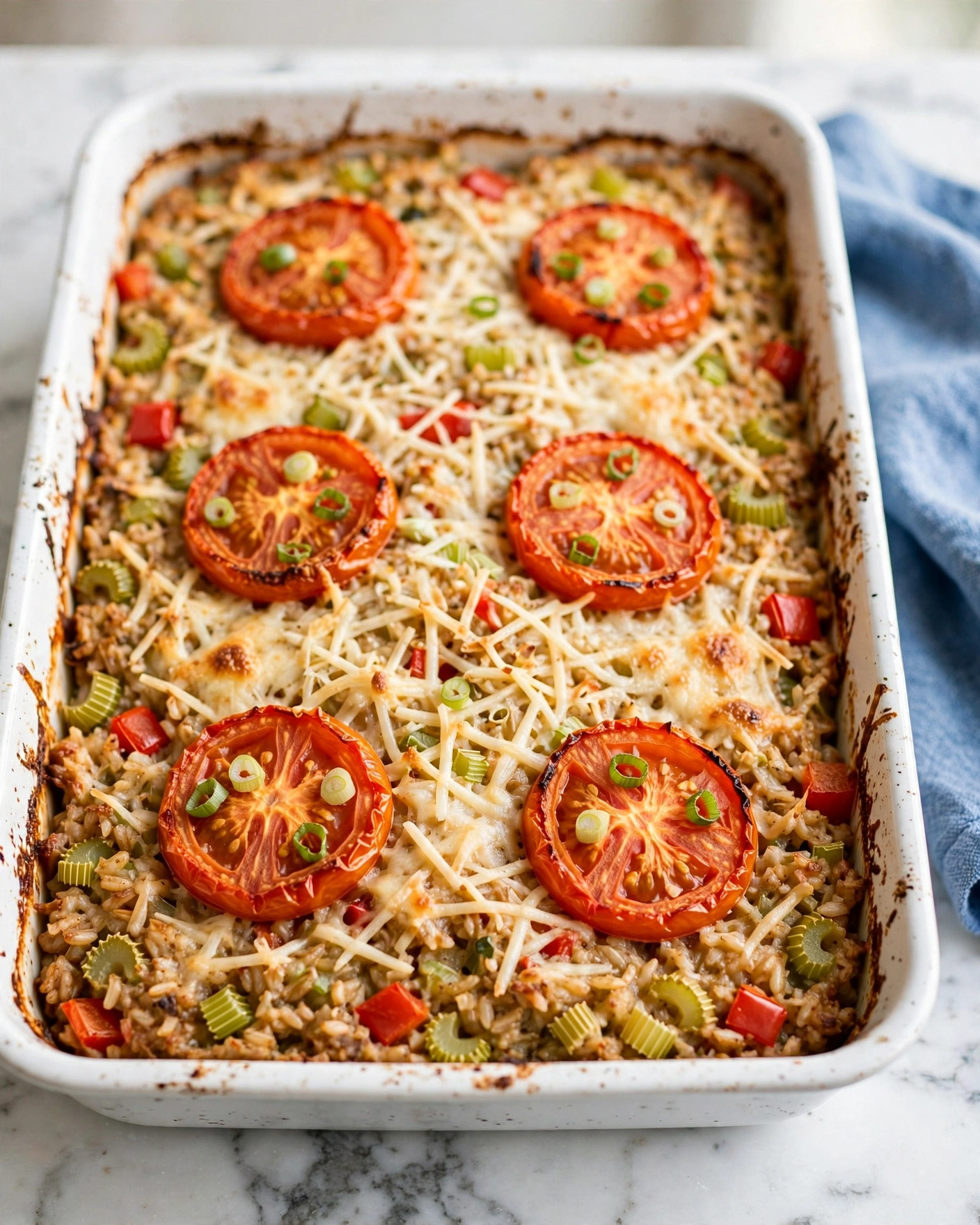Savory Pizza Oatmeal Bake Recipe 5 Two thick layers of a crumbly, textured dish with visible bits of red peppers, chopped green onions, and melted cheese are stacked on a white plate. The top layer is garnished with shredded white cheese and two bright red tomato wedges, adding a fresh and juicy contrast. The plate sits on a white marbled surface with a blurred dark blue cloth in the background. Photo taken with an iphone --ar 4:5 --v 7