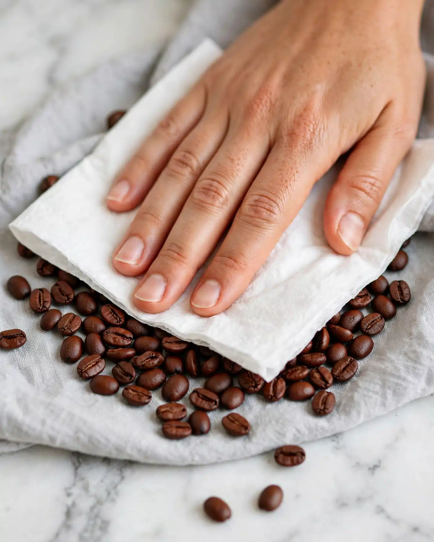 A close-up of a woman's hand pressing down on a white napkin, spreading dark reddish-brown coffee beans arranged loosely on a light gray cloth with a soft texture, all placed on a white marbled surface. The coffee beans are small and shiny with smooth, oval shapes and some slight cracks. The woman's hand shows natural skin tones and rests gently on the napkin, which is slightly folded. The overall scene has a clean and simple look with neutral colors. photo taken with an iphone --ar 4:5 --v 7