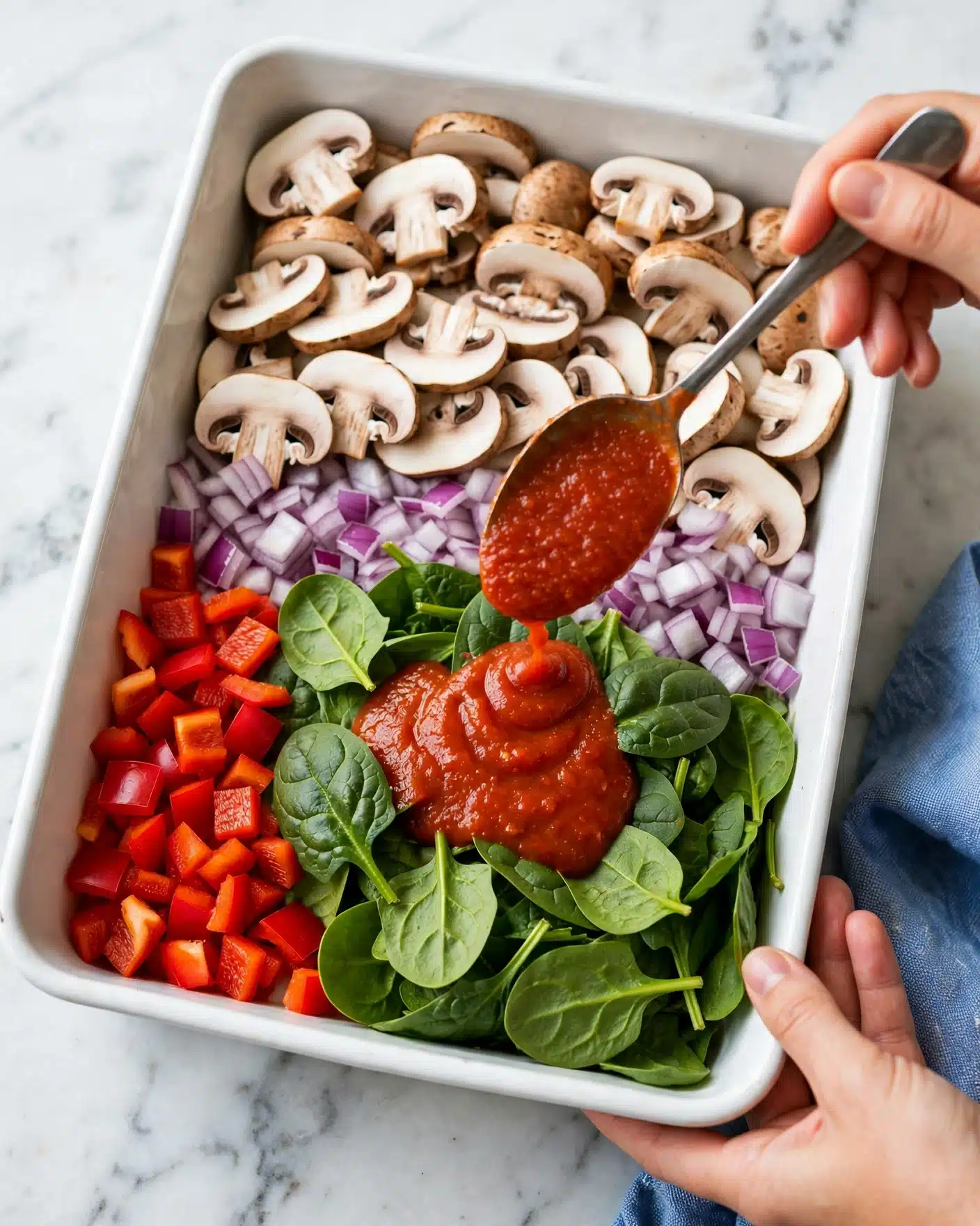 Savory Pizza Oatmeal Bake Recipe 4 A white rectangular dish holds several layers of fresh ingredients arranged separately: at the top are light brown sliced mushrooms with dark spots, below them finely chopped purple onions, to the left side bright red chopped bell peppers, and in the center a pile of fresh green spinach leaves. A woman's hand holds the dish on the bottom right corner while another woman's hand is spooning a smooth, thick red sauce onto the spinach from the top right corner. The dish sits on a white marbled surface. photo taken with an iphone --ar 4:5 --v 7